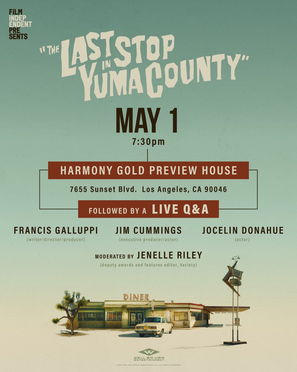 Join us for a special screening of THE LAST STOP IN YUMA COUNTY, presented by @filmindependent on Wednesday, May 1st at 7:30PM PT at Harmony Gold Preview House in LA. Make sure to stick around for a live in-person Q&A with writer/director/producer @FrancisGalluppi, executive…