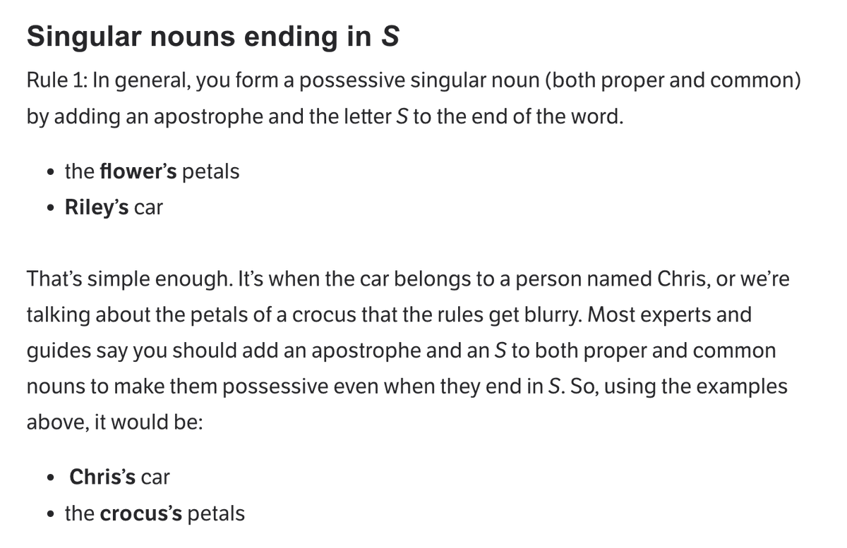Rachel__Nichols's tweet photo. #WellActually I'm not a millenial. Giggle. And since you're "sick" over my grammar (I mean, really?), you'll be SO RELIEVED to know the widely accepted common parlance is for singular possessives get an apostrophe+s, even names. See below. (If you want to go a step further and get super technical, some newspapers do in fact use a different style for written pieces - not every newspaper uses AP Style anymore, but those who do indeed only put the apostrophe with no additional S. Fortunately, last I checked I did not write a newspaper this morning. So you can tell the paramedics to stand down over your grammar-related illness.)
