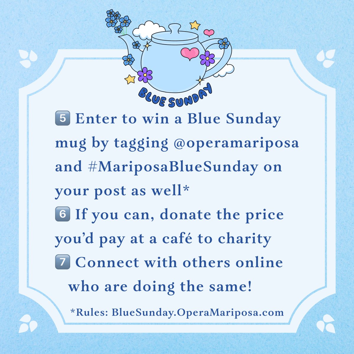 On May 19 we're joining people around the world to celebrate #BlueSunday2024, the tea party for M.E. 🫖 It's easy to take part - plus you can #EnterToWin a Blue Sunday mug with artwork by Rana! Learn more: bluesunday.operamariposa.com
#MECFS #pwME #MillionsMissing #TeaPartyForME2024