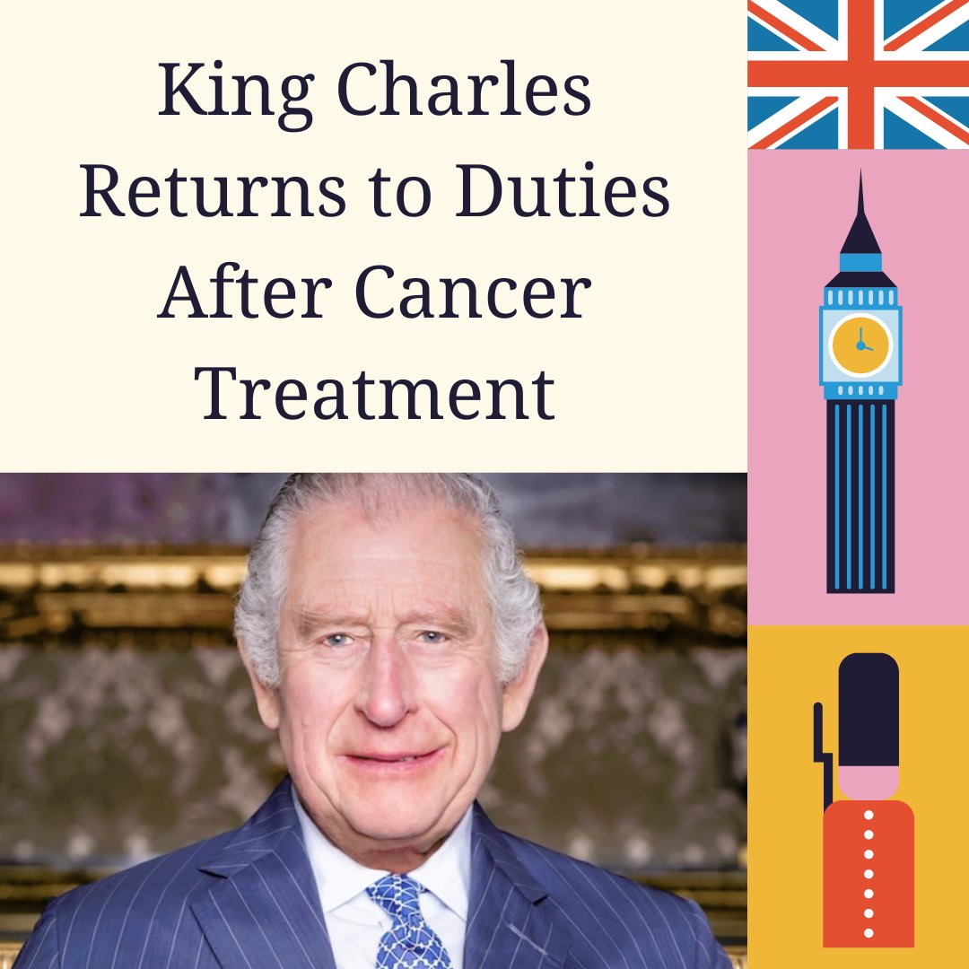 Britain's King Charles III is back to resuming his royal duties following treatment for cancer, Buckingham Palace announced Friday. healthday.com/health-news/ca… #KingCharlesIII #RoyalDuties #BuckinghamPalace #RoyalFamily #CancerTreatment #HealthUpdate #MonarchyNews #RoyalRecovery