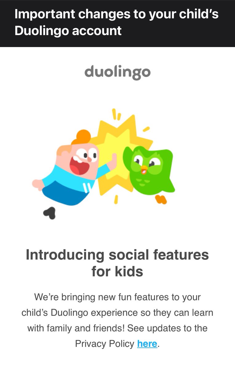 A reminder to ALWAYS read when platforms update their terms of service! Super disappointed in @duolingo and their addition of social features for kids. Considering dropping our family plan because these additional features will distract from the purpose of the app and I don’t…