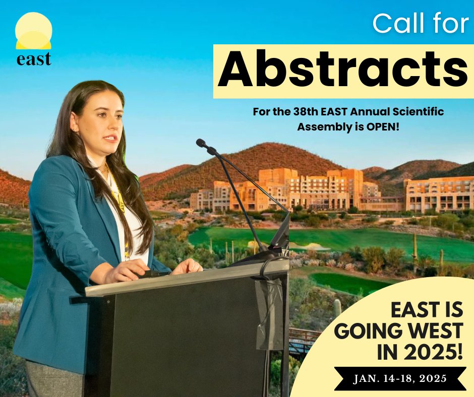 The Call for Abstracts for the 38th EAST Annual Scientific Assembly is open! EAST supports research in Trauma, EGS, Burn Surgery, and SCC. Submit your Abstracts by July 1st! bit.ly/3nJnYnL

#EAST2025 #TraumaSurgery #BurnSurgery #EGS #SurgicalCriticalCare #soMe4trauma