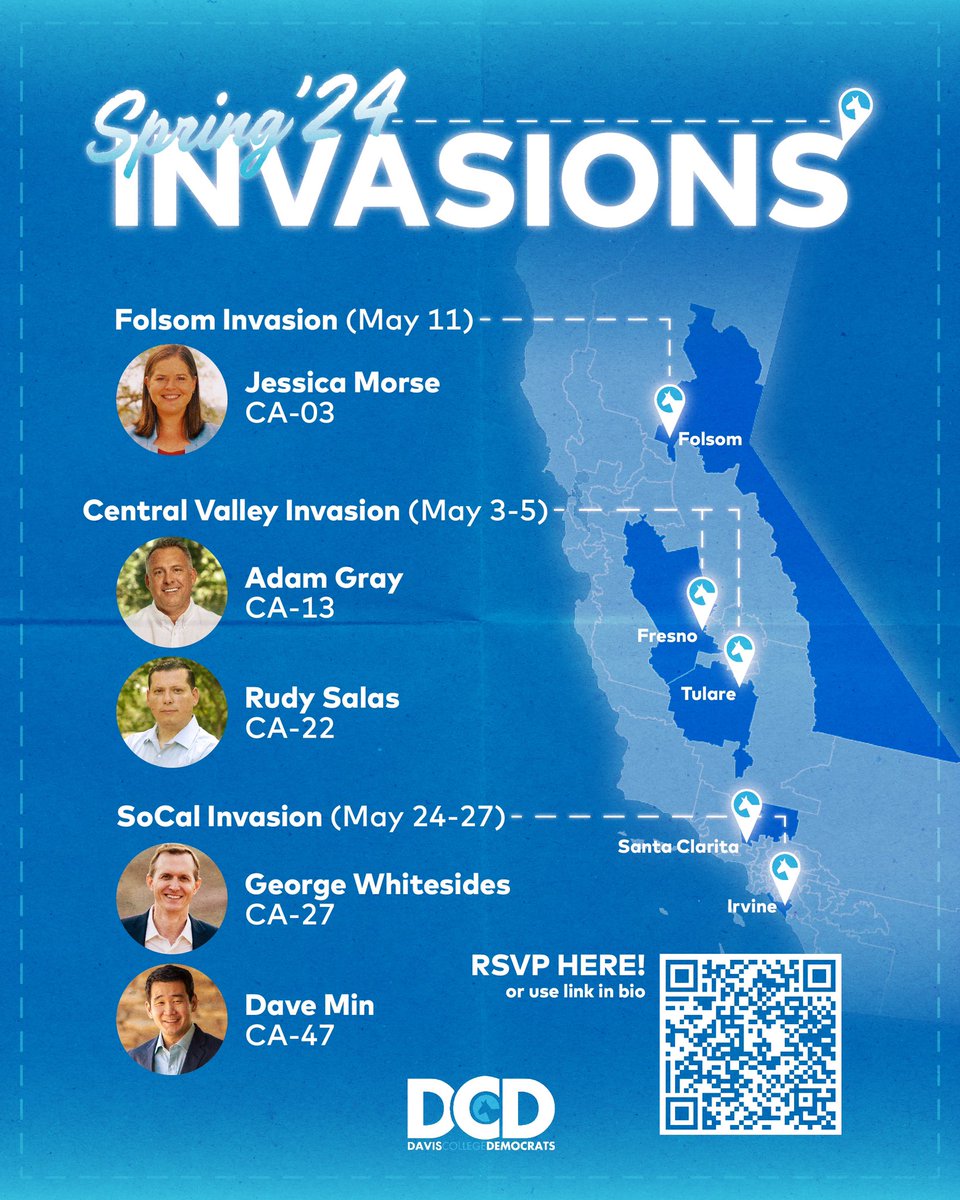 DCD is traveling up and down California to canvass in the most competitive House races! 🔥

We’re proud to start our ambitious Spring Quarter Invasions that will send our members across the state to knock doors for Democratic candidates and make an impact on the 2024 elections.