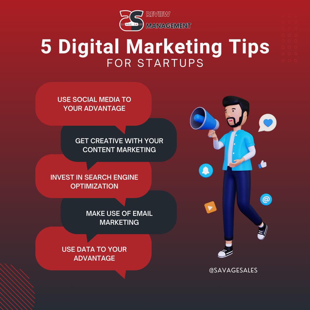 Revolutionize Your Business Startup with these 5 Innovative Digital Marketing Tips!
 #BusinessOwners #SavageSalesReviewManagement #OnlineReviews #SmallBusiness #SEOStrategy #OnlineVisibility #CustomerGrowth #DigitalMarketing