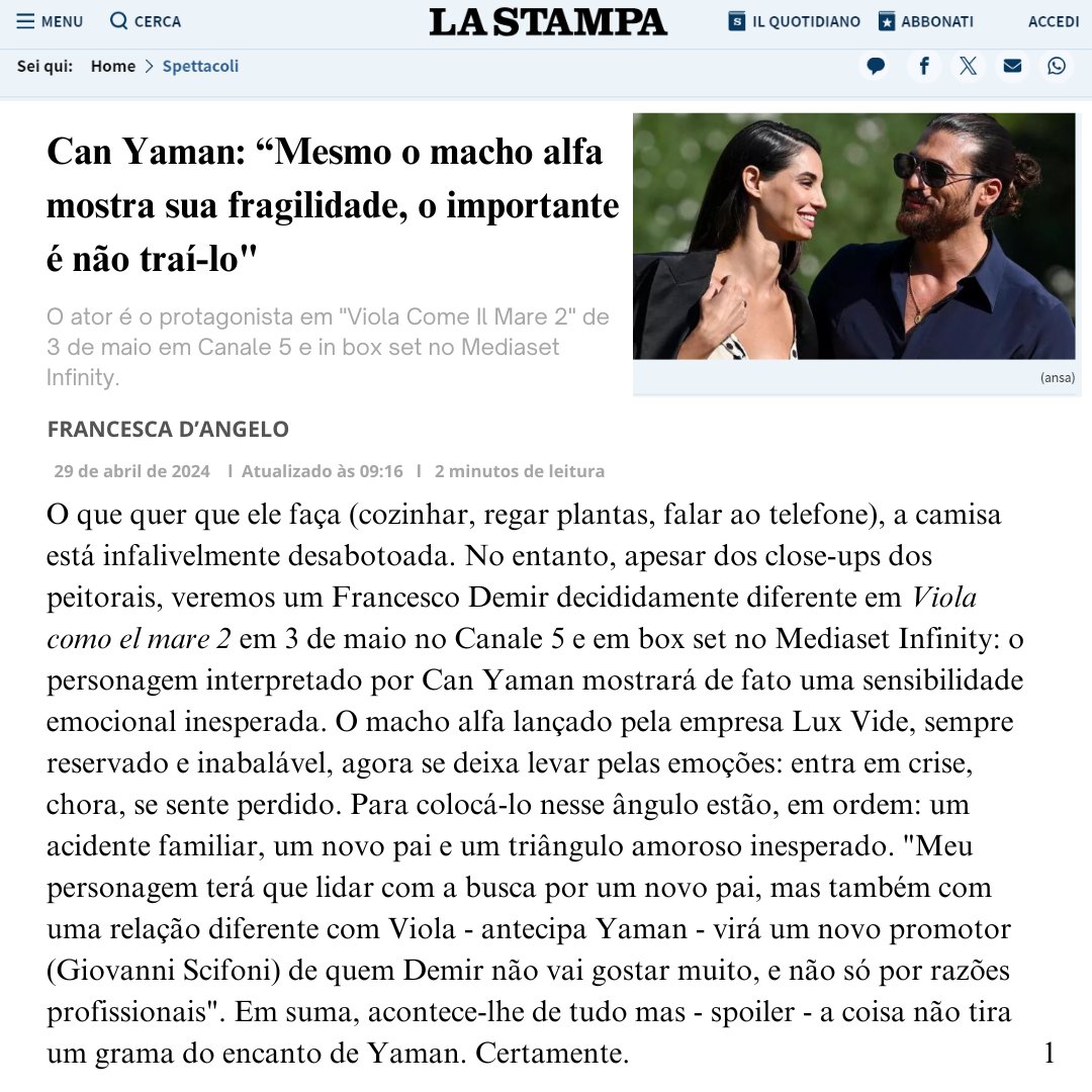 Matéria desta segunda-feira do jornal italiano La Stampa sobre #ViolaComeIlMare2 e entrevista com #CanYaman . Titia ama, Titia traduz. ❤️🤓 Sigam a sequência. 👇