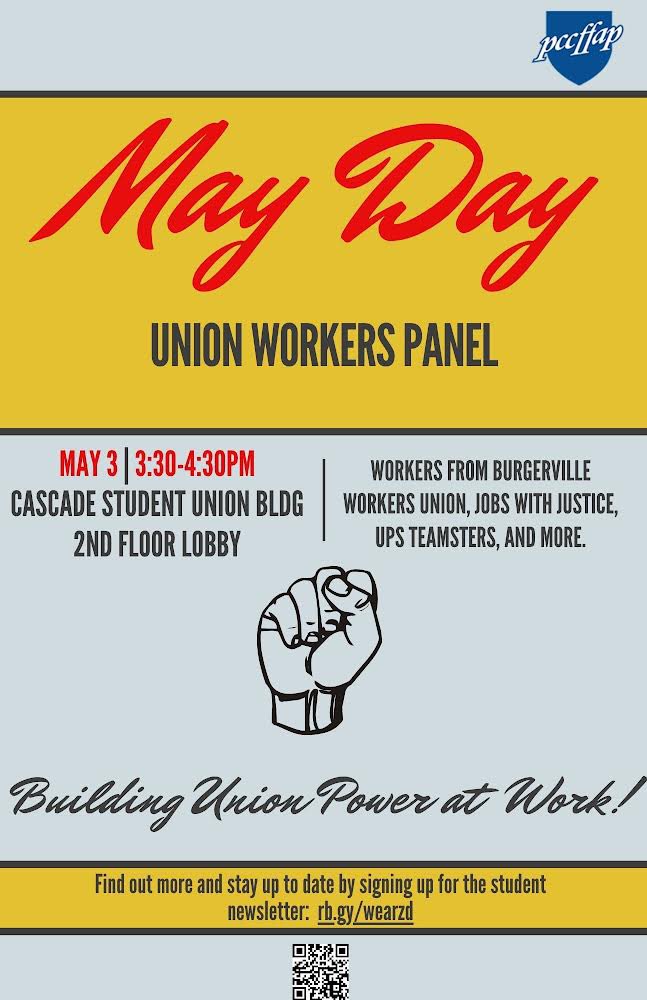pccffap's tweet image. Our student organizing interns are hosting a panel of unionized workers on 5/3 at 3:30 PM in the 2nd floor lobby of the Student Union Building of Cascade Hall. The event will be open to the public. Hope to see you there!