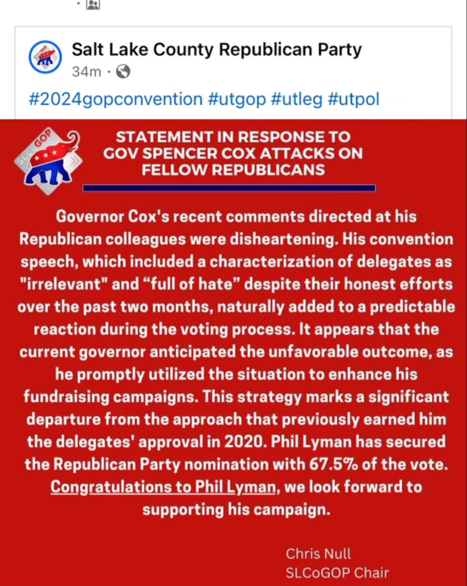 Thank you to the @SLCountyGOP for acknowledging the value of and respecting Utah’s Republican delegates. #utpol #Lymanforgovernor