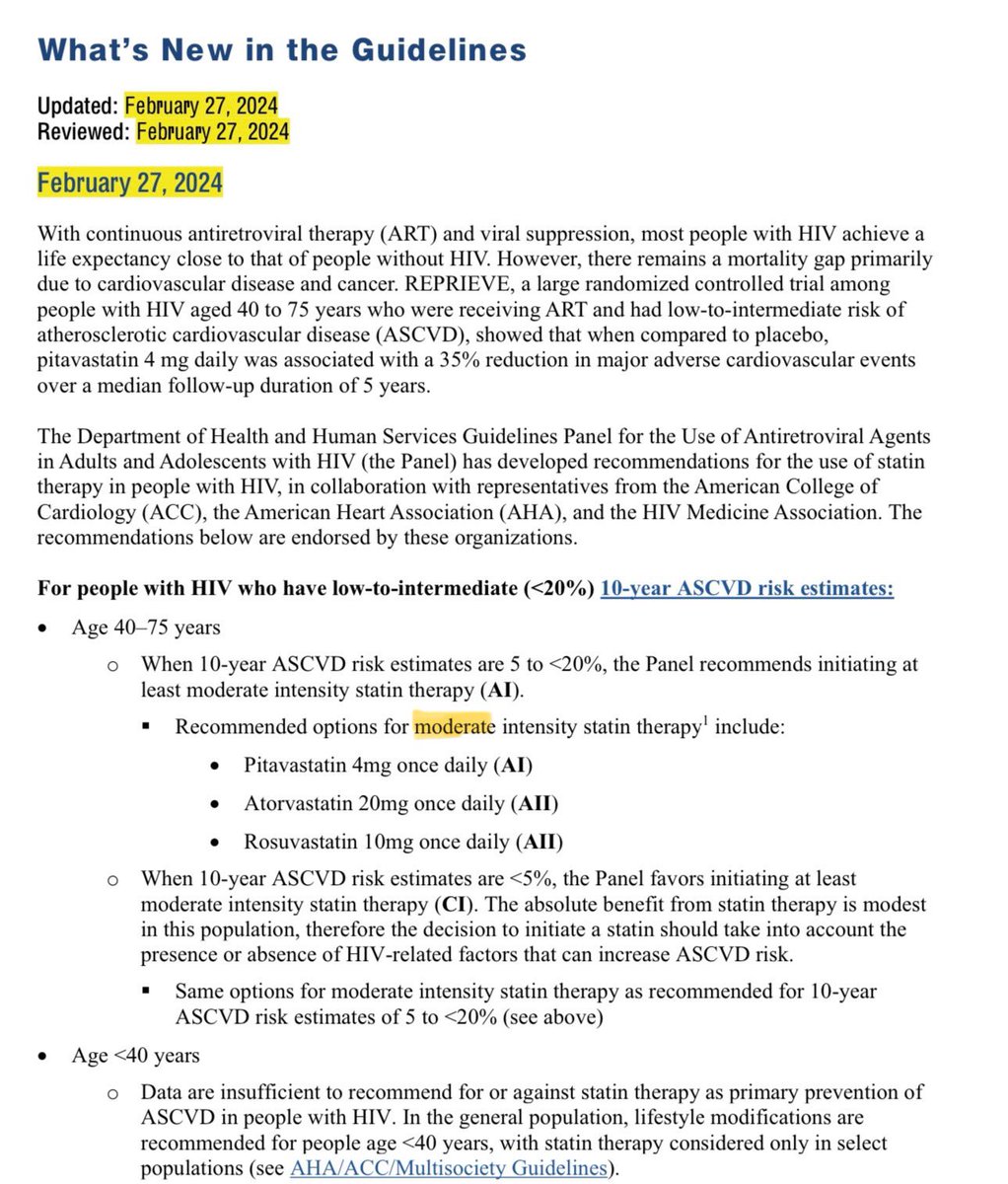 #IDTwitter
Thoughts on new guidelines on MODERATE intensity statin for primary prevention in PWH w/ low-int risk of CVD?

Could low dose be as effective? 
What’s your statin of choice? 
@PaulSaxMD @drlaurajwaters @Darcy_ID_doc @sebpoule @HIVDocSK 

clinicalinfo.hiv.gov/en/guidelines/…