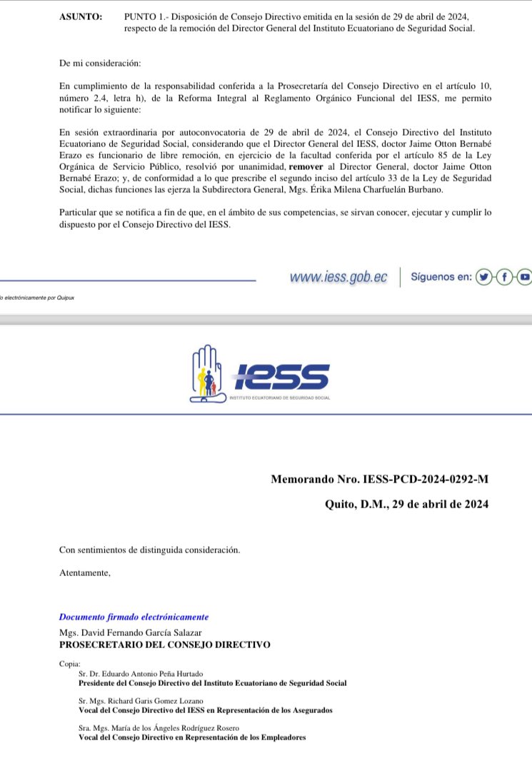 Y sigue el desgrane en el #Iess 
Desde el consejo directivo del @IESSec se dispuso la remoción de Jaime Ottón Bernabé Erazo cómo Director.  
Se le olvidó que tenía una empresa proveedora de servicios médicos.⤵️