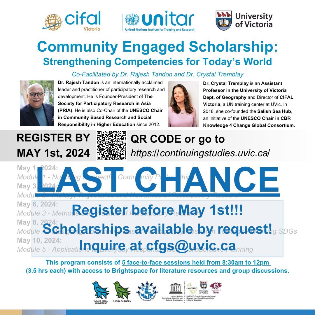 LAST CHANCE TO REGISTER!!!! ⏰⏰⏰ Link in bio or visit buff.ly/3uU5CV5 

Now offering scholarships by request! First come first serve, email cfgs@uvic.ca to inquire.

@CFGS_UVic @crystaltremblay @RTandon_PRIA

#cifal #uvic #CBPR #UNSDGs