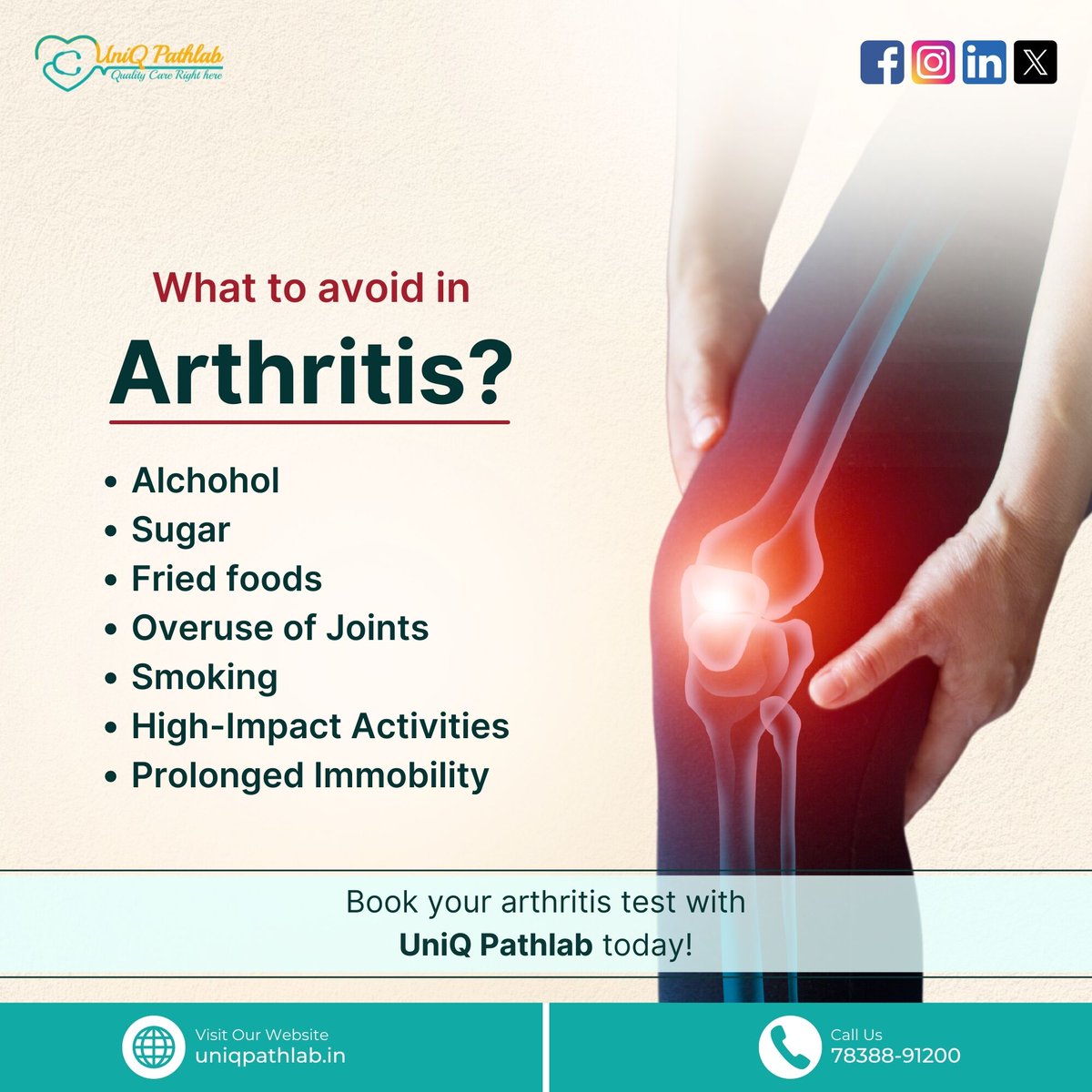 uniqpathlab's tweet photo. Preventative Pathways: Empowering You to Avoid Arthritis with UniQ Pathlab...
#UniQPathlab #Arthritis #AvoidArthritis #HealthyIndia
For appointments and inquiries, Contact us at +91 ๐๐๐๐๐๐๐๐๐๐๐ https://t.co/1wEjtpMOrr