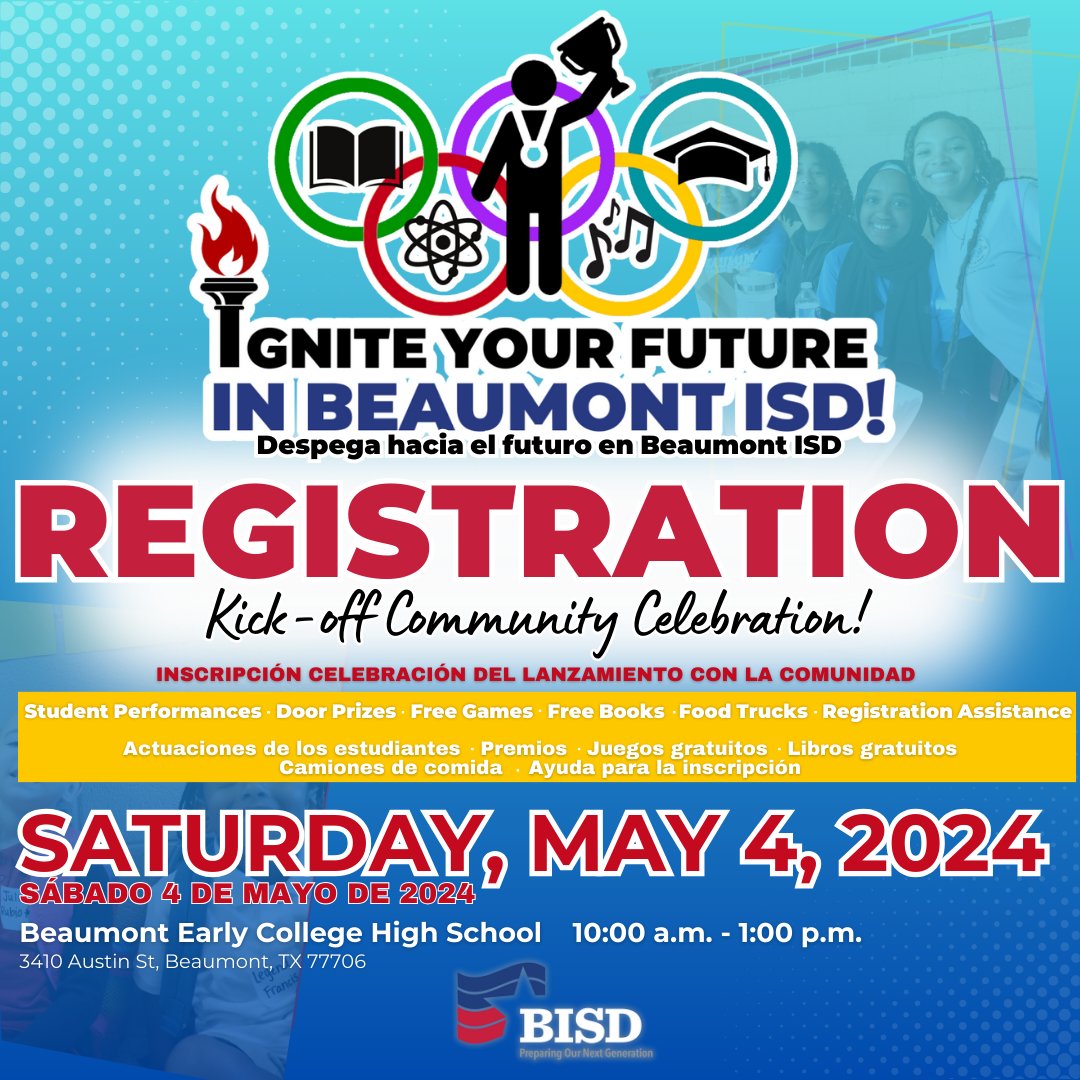 WE ARE ONLY FIVE DAYS AWAY!!! 🌟 Ignite your child's future in Beaumont ISD and make plans to attend the registration Kick-off event on Sat., May 4, 2024, at Beaumont Early College High School from 10:00 a.m. to 1:00 p.m. See you there! #IgniteYourFutureInBMTISD