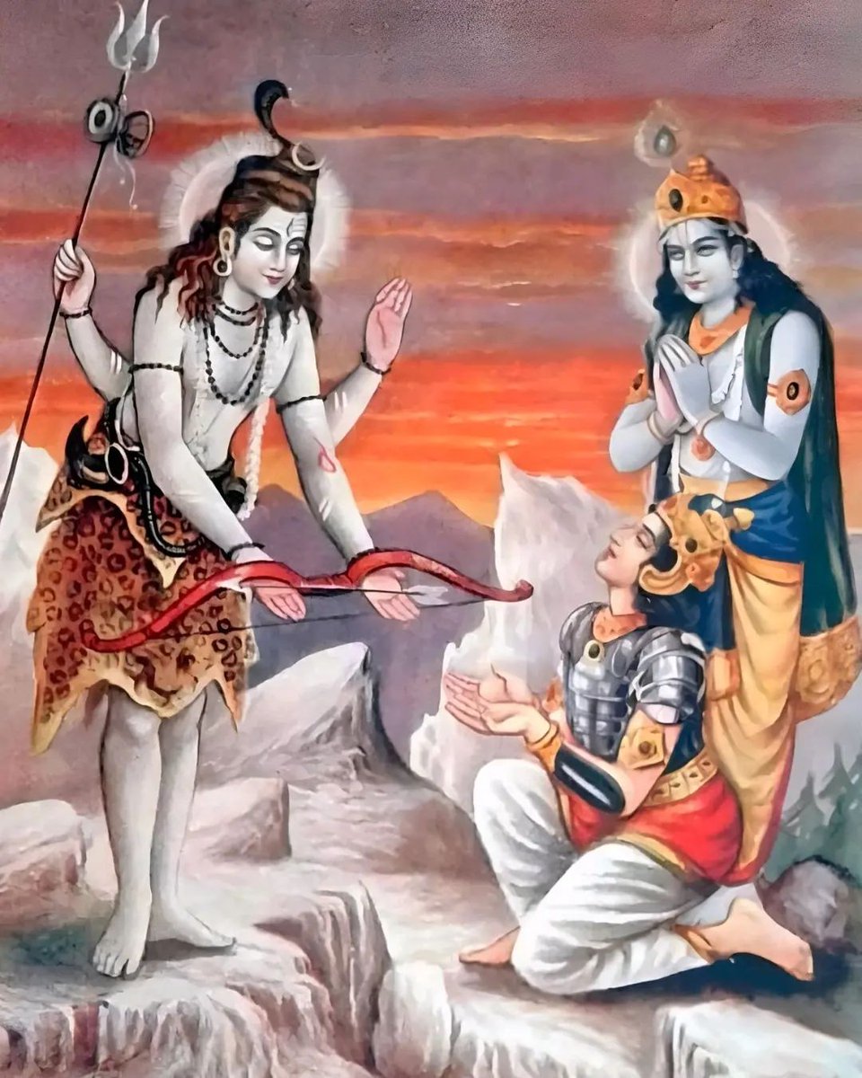 It is Widely known how Arjun got #Pashupastra from Bhagwan Shiv in the Forest, But what is less known is how Bhagwan Krishna took Arjun to Kailasa on the night before Fourteenth Day of war to relearn Pashupastra... ,🏹🔱 Pashupatastra is the Personal weapon of #Shiva which was