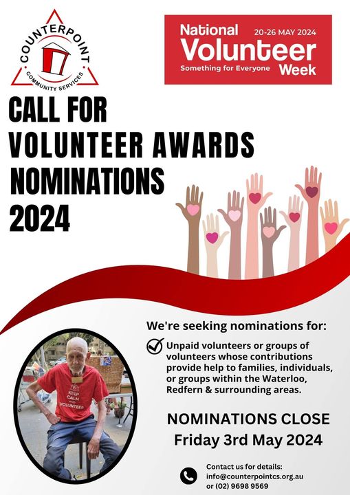🌟 Nominations open for the Annual Redfern & Waterloo Volunteer Awards! 🌟Know an unsung hero in our community? It's time to give them the recognition they deserve!   #VolunteerAwards #RedfernWaterloo #CommunityHeroes