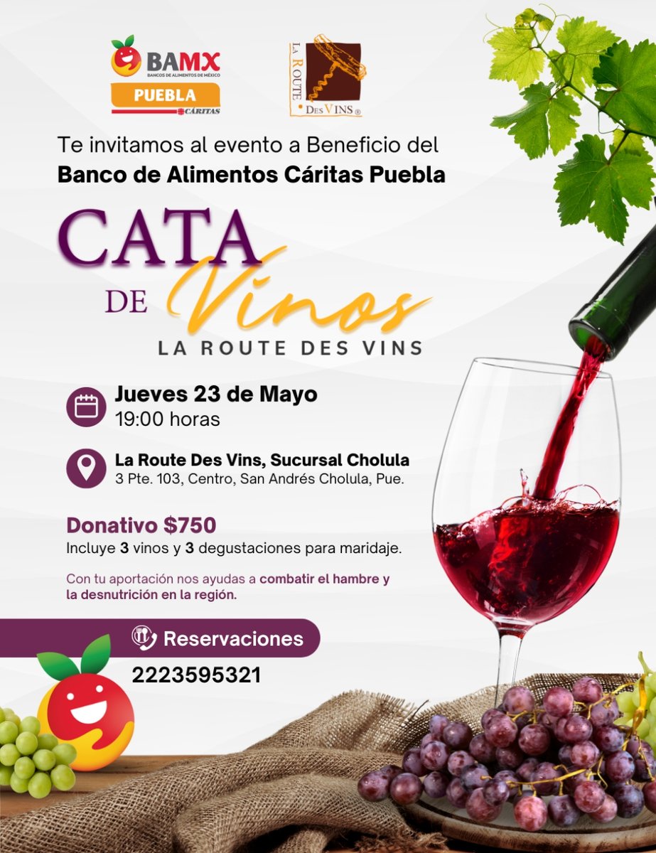 Te invitamos a una Cata de Vinos en beneficio del @BAMXPuebla. 📆 jueves 23 de mayo a las 18:45 horas en La Route Des Vins. 📍ubicada en 3 Pte. 103, San Miguel, Centro, 72810 San Andrés Cholula, Pue. El evento incluirá tres vinos y tres degustaciones para maridaje. 📞 2223595321.