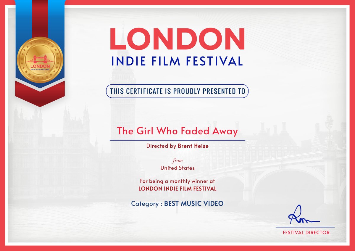 Thank you to @london_indieiff for giving The Girl Who Faded Away a Best Music Video award.  It is an honor!
#filmfestival #film #shortfilm #filmmaking #filmmaker #indiefilm #movie #director #cinematography #filmmakers #filmfest #festival #filmfestivals #shortfilms