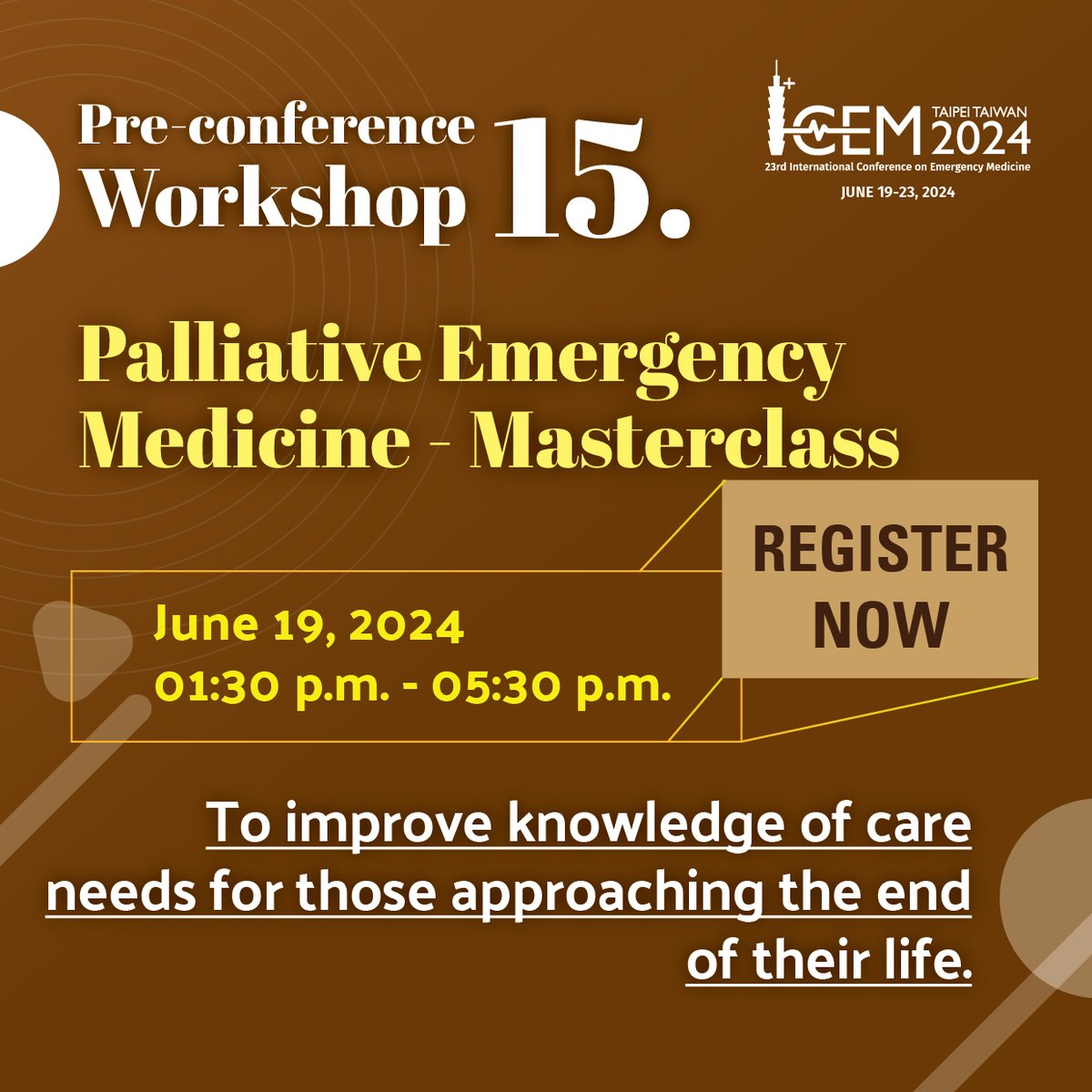 Calling all emergency medicine professionals! Elevate your skills with our preconference workshops designed to sharpen your clinical expertise and enhance patient care. Palliative Emergency Medicine - Masterclass June 19, 2024 Learn more and register: icem2024.com/pre-conference