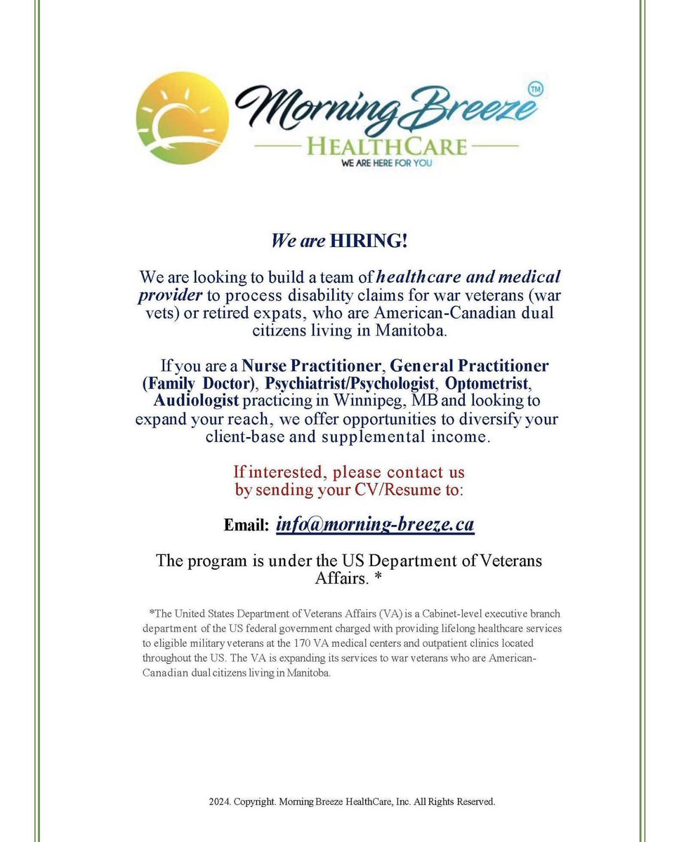 We are Hiring. 
#winnipegjobs #manitobajobs 
#familyphysician #nursepractitioner #optometrist #psychiatrist #psychologist #audiologist #generalpractitioner #warveterans 
⬇️⬇️⬇️