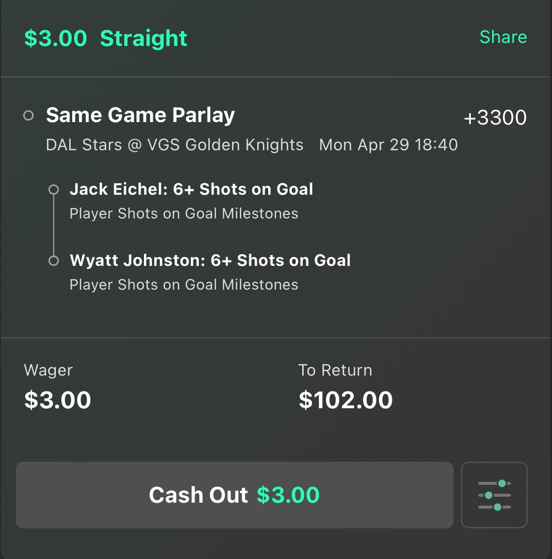 DAL⭐️ @ VGS⚔️ shot builder These guys rip puck and have been dogs all series, I don’t see it ending tonight.. expecting a close game between these two teams, meaning overtime is high possibility with both teams hungry for a win🫱🏼‍🫲🏻 Goodluck🫡 #NHL #NHLPicks