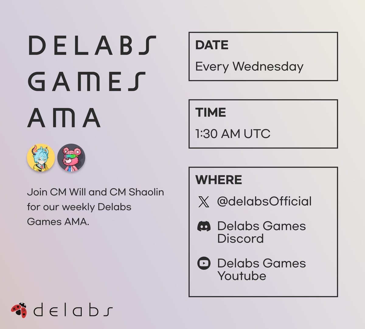 Delabs Games🐞 (@delabsofficial) on Twitter photo Join CM <a href="/will_shin87/">William Shin 🐞 $GAME</a> and CM <a href="/darylquan8/">TheShaolin ꧁IP꧂</a> as they give the latest Ladybug's Journey updates and talk about what's next for Delabs Games!
The Delabs Games AMA starts at 1:30 AM UTC on May 1st.
Join us here on X for the stream and Delabs Games news! Join CM <a href="/will_shin87/">William Shin 🐞 $GAME</a> and CM <a href="/darylquan8/">TheShaolin ꧁IP꧂</a> as they give the latest Ladybug's Journey updates and talk about what's next for Delabs Games!
The Delabs Games AMA starts at 1:30 AM UTC on May 1st.
Join us here on X for the stream and Delabs Games news!