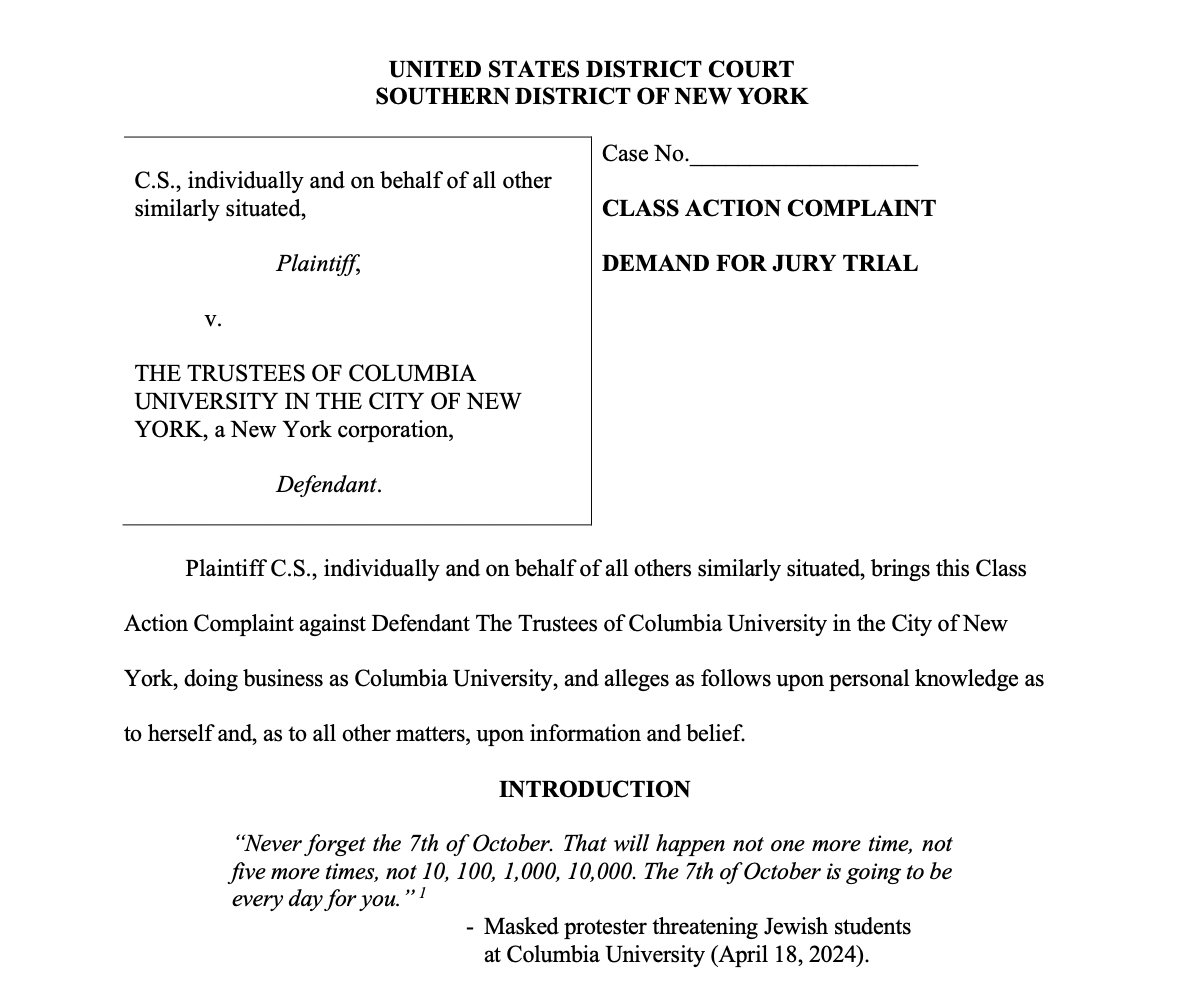 First class action suit against @Columbia for breach of contract.  It's not long and worth the read. 

Probably the first of many. 

This is going to cost Columbia university a lot of money. 

And it should. The board of trustees failure to act is outrageous. They should all…