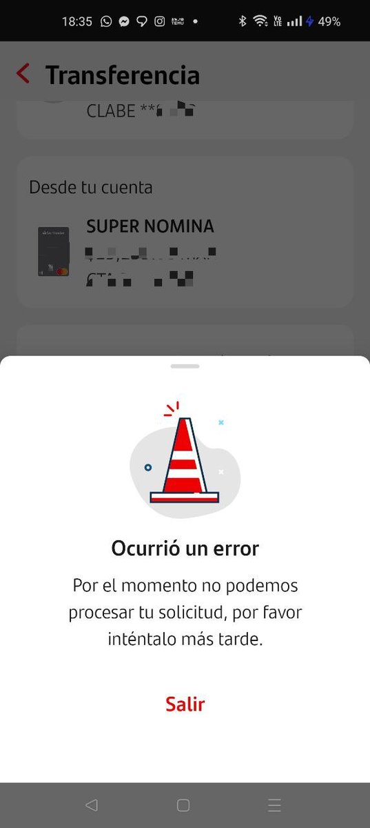 @SantanderMx Buen dia. Tengo más de 15 minutos intentando entrar en escritorio al banco en linea. Y por la app no deja hacer operaciones. Manda error al querer hacer una transfer, miren: