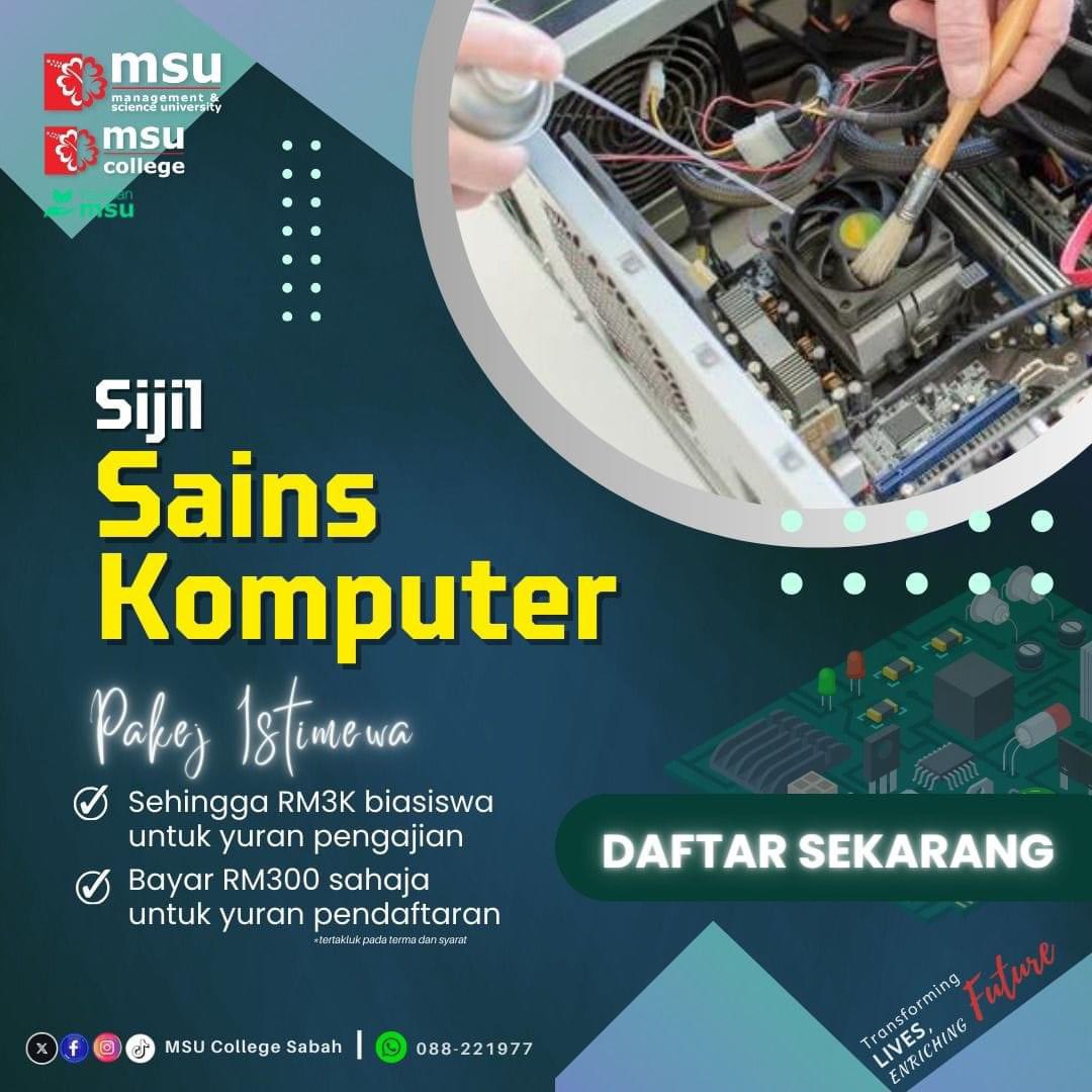 Join us now and be #MSUrian.

SIJIL SAINS KOMPUTER

Admission Open. Apply Now!

💯 Up to 100% Scholarship
👩🏻‍🎓 Compelling learning experiences.

Contact us now at 088-221977
Or click the link below to get connected: 

📍No. C-01, Aeropod Commercial Square Japan Aeropod.