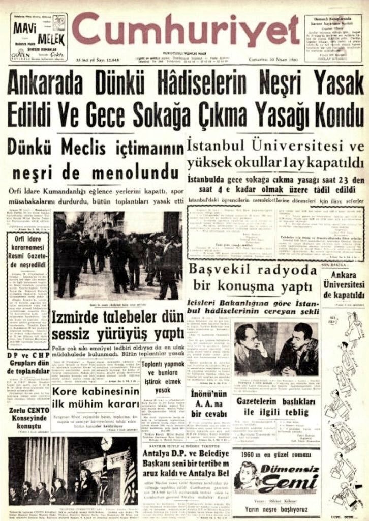 DP'NİN, 27 NİSAN 1960 SİYASİ DARBESİ VE 28-29 NİSAN 1960 ÖĞRENCİ OLAYLARI 

DP, CHP’yi kapatmak ve muhalif basını tamamen susturmak için 18 Nisan 1960’da Meclis Tahkikat Komisyonu kurdu. Bu komisyon için iktidar partisinden 15 üye
seçildi Tahkikat Komisyonu, 19 Nisan’da “üç