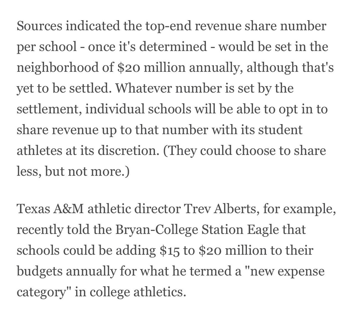 Settlement discussions in the House case are getting more serious. If a settlement does happen, it will likely include a revenue sharing model that schools can opt into. An agreed upon rev sharing cap of around $20M is being discussed.