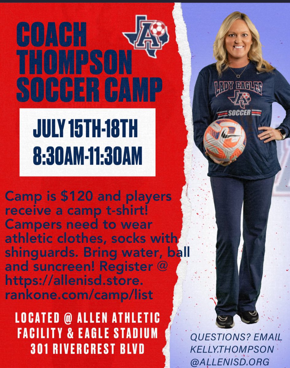 Here is the information for our upcoming camps this summer! Register today! 🔴Lady Eagles Soccer Camp June 25-27 8:30 to 11:30am. schoolpay.com/parent/mip/MeSU 🔵Coach Thompson Soccer Camp at AHS July 15—18 from 8:30-11:30am. allenisd.store.rankone.com/Camp/List