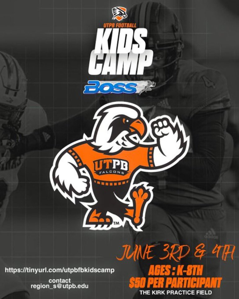 West Texas, looking for a Football Camp to attend? On June 3rd and June 4th @UTPBFootball will be hosting their kids camp from ages Kindergarten through 8th Grade. @CoachK__Mac