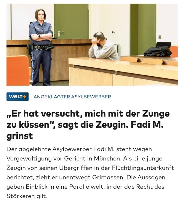 Ein abgelehnter Asylbewerber (Fadi M.) ist wegen Vergewaltigung angeklagt und verhöhnt vor Gericht sein Opfer.

#Remigration hätte auch diese Tat verhindert.