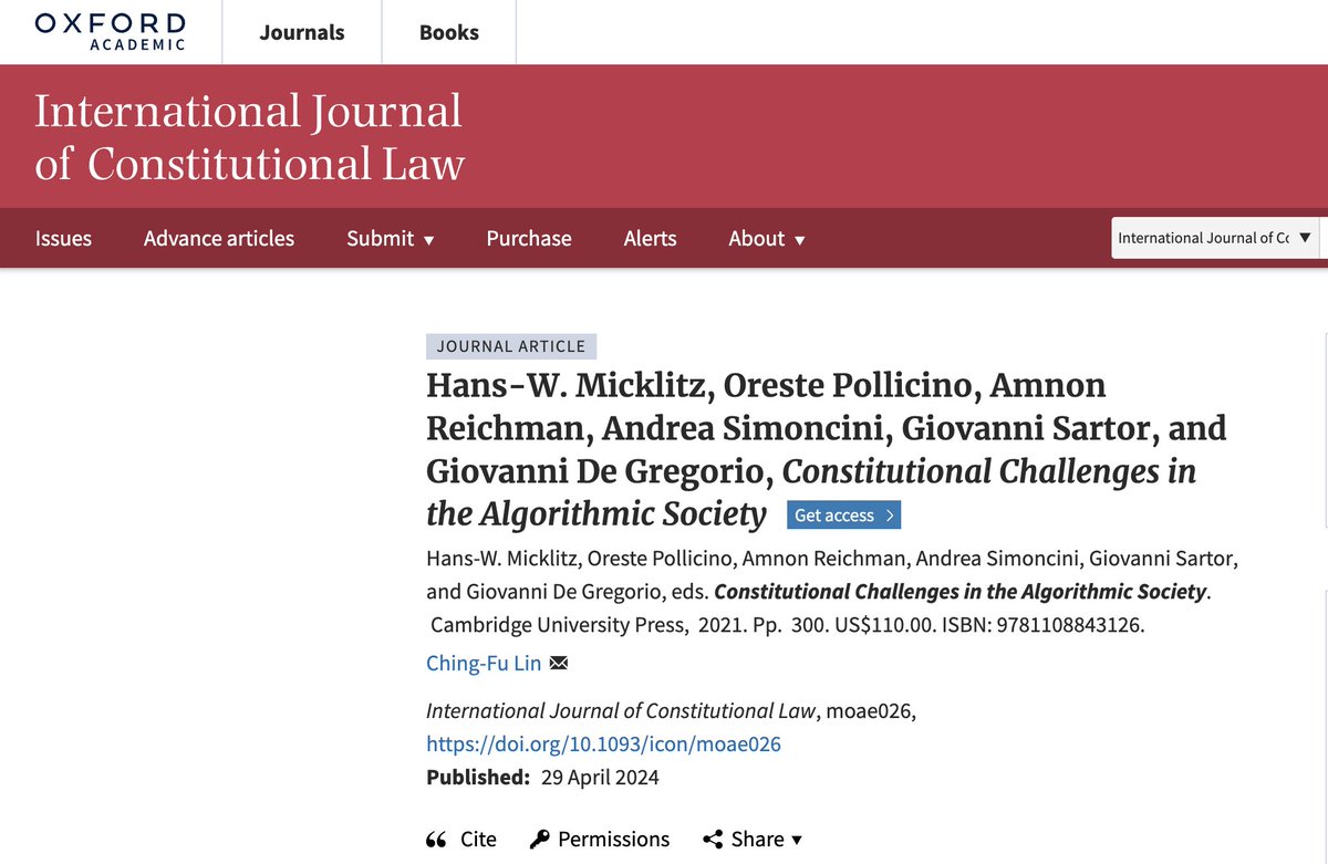 Ching-Fu Lin (@chingfulin) on Twitter photo My short book review on Constitutional Challenges in the Algorithmic Society (<a href="/CUP_Law/">Cambridge University Press - Law</a>) has just been published in International Journal of Constitutional Law:
doi.org/10.1093/icon/m…
Many thanks to Chien-Chih Lin for the invite! My short book review on Constitutional Challenges in the Algorithmic Society (<a href="/CUP_Law/">Cambridge University Press - Law</a>) has just been published in International Journal of Constitutional Law:
doi.org/10.1093/icon/m…
Many thanks to Chien-Chih Lin for the invite!