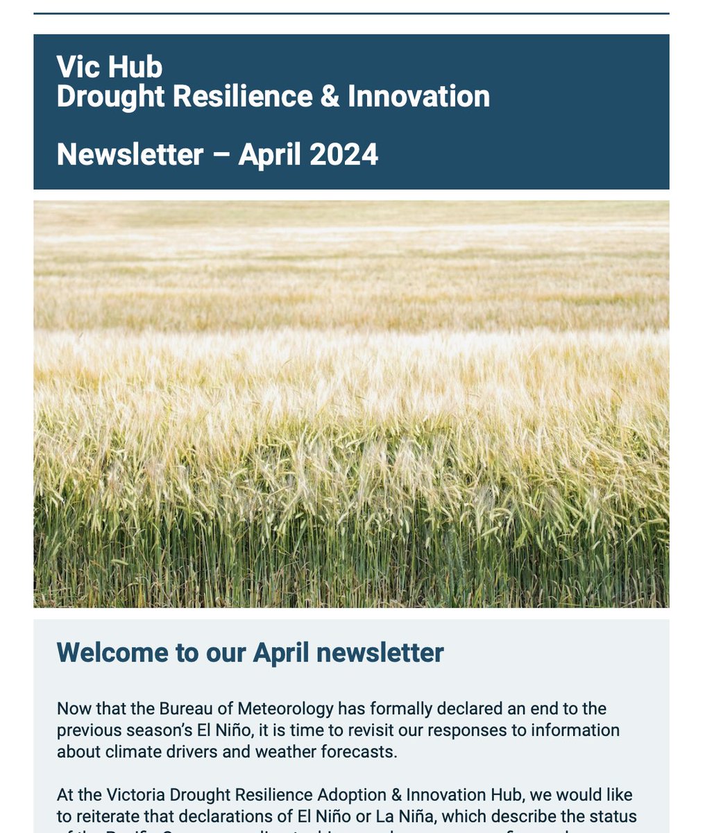 Out today, #VicHub’s April #newsletter has the latest insights and #innovations in #droughtresilience research and #agriculturalinnovation. Read online: vicdroughthub.org.au/news-events/ne… #droughtresilience #FDF #VicDroughtHub