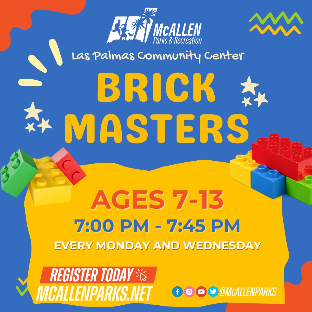 Get ready to be challenged! This class will teach basic LEGO building techniques that will stimulate creativity and imagination.🧱✨ Don't wait and register today: mcallenparks.net