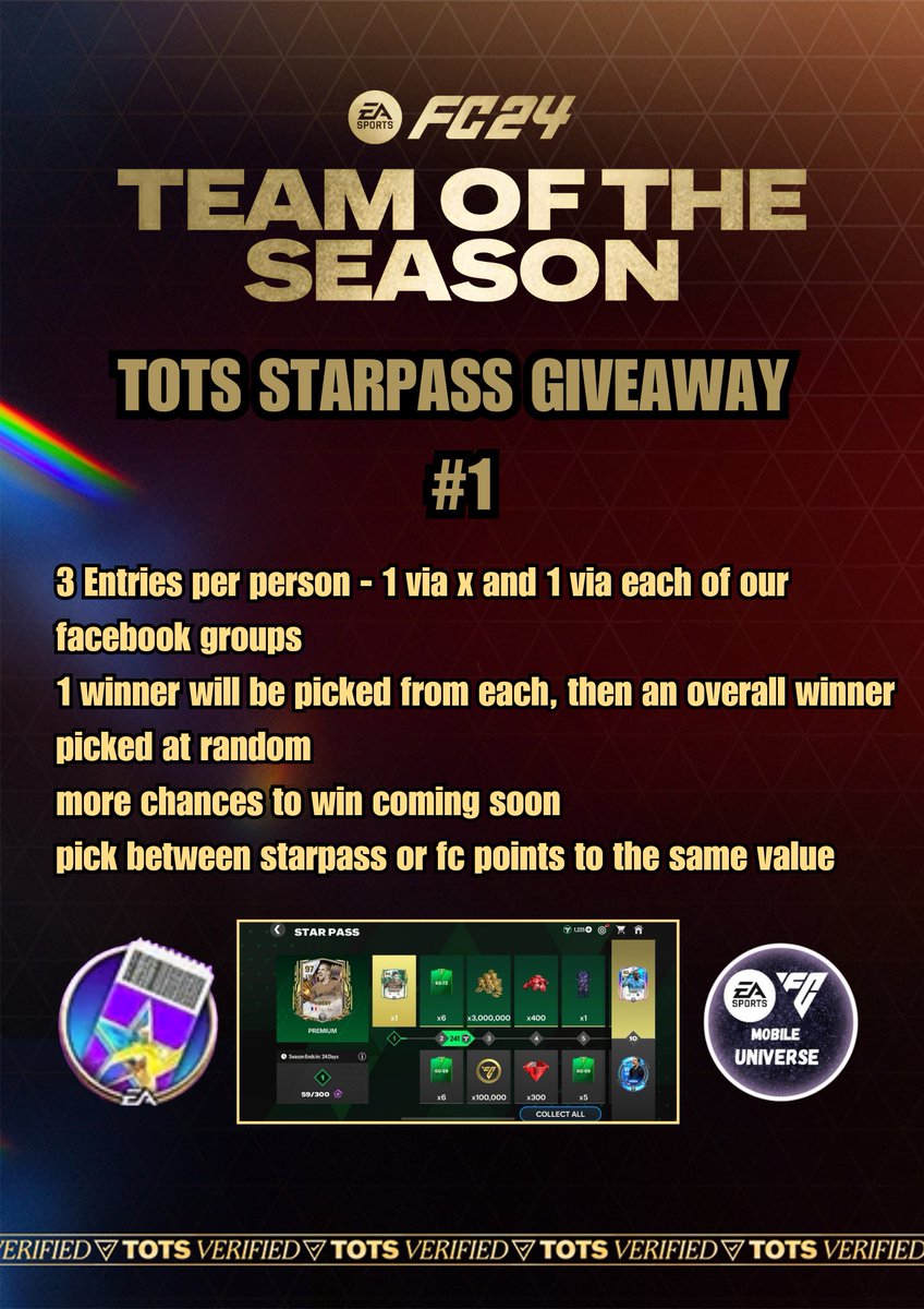 #fc24 #fcmobile #EAFC24 #TOTS #starpass #Giveaway 💥 StarPass or FC Points giveaway number 1️⃣ 💥 3️⃣ Chances to win 1️⃣ via X ➕1️⃣ via each of our Facebook groups. 💥 To enter on X, FOLLOW , LIKE , REPOST and COMMENT on THIS post, with your best pull so far this season 💥 Entry via…