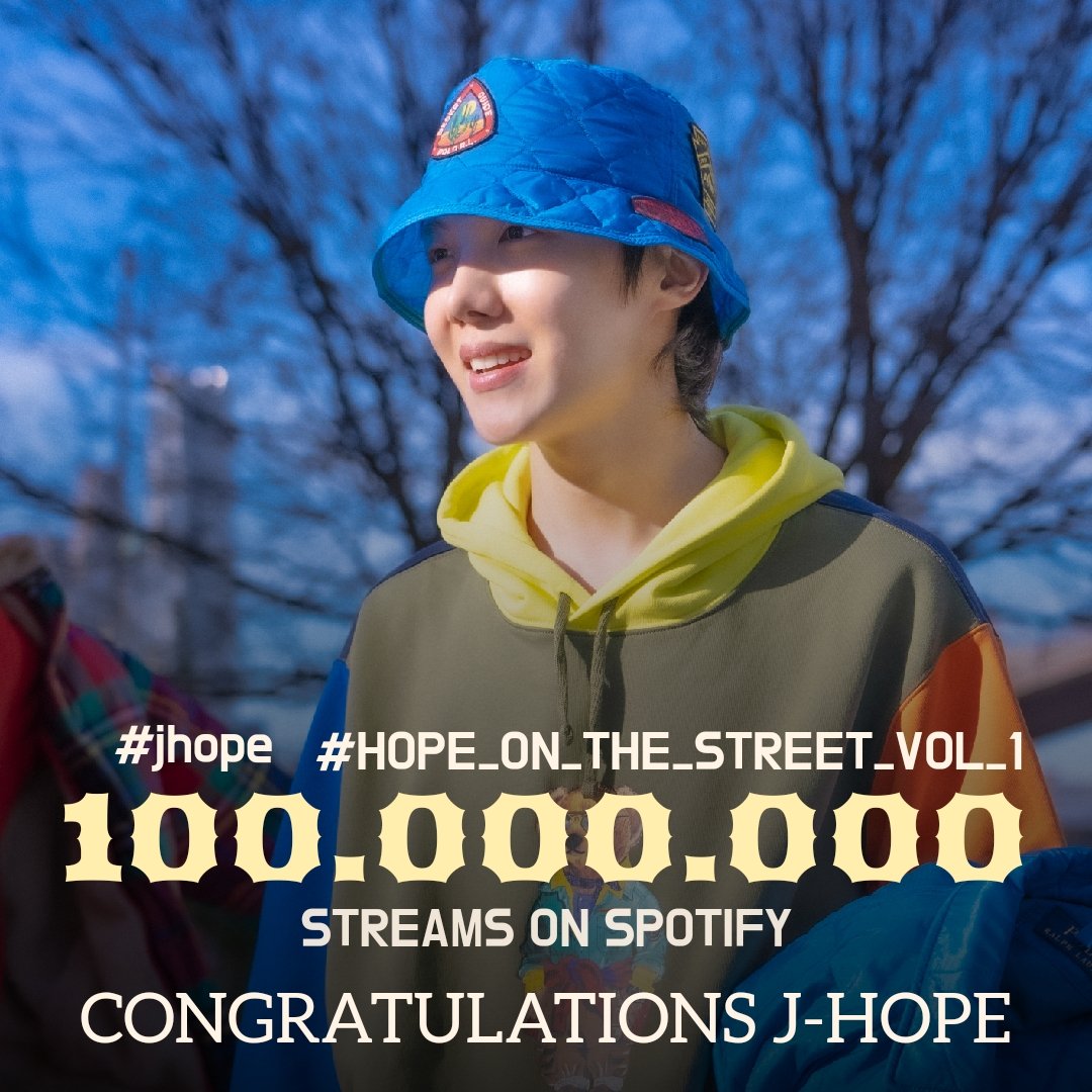 j-hope #HOPE_ON_THE_STREET_VOL_1 
스포티파이 1억 스트리밍을 돌파하였습니다!
4월 25일 9천만 스트리밍을 넘어선 지 5일만입니다
🔗open.spotify.com/album/5mqxdPWQ…

제이홉 축하합니다!🥳

CONGRATULATIONS J-HOPE✨️
HOTS 100M STREAMS
#HOPE_ON_THE_STREET_VOL_1
#jhope #제이홉 
#HOTS100M