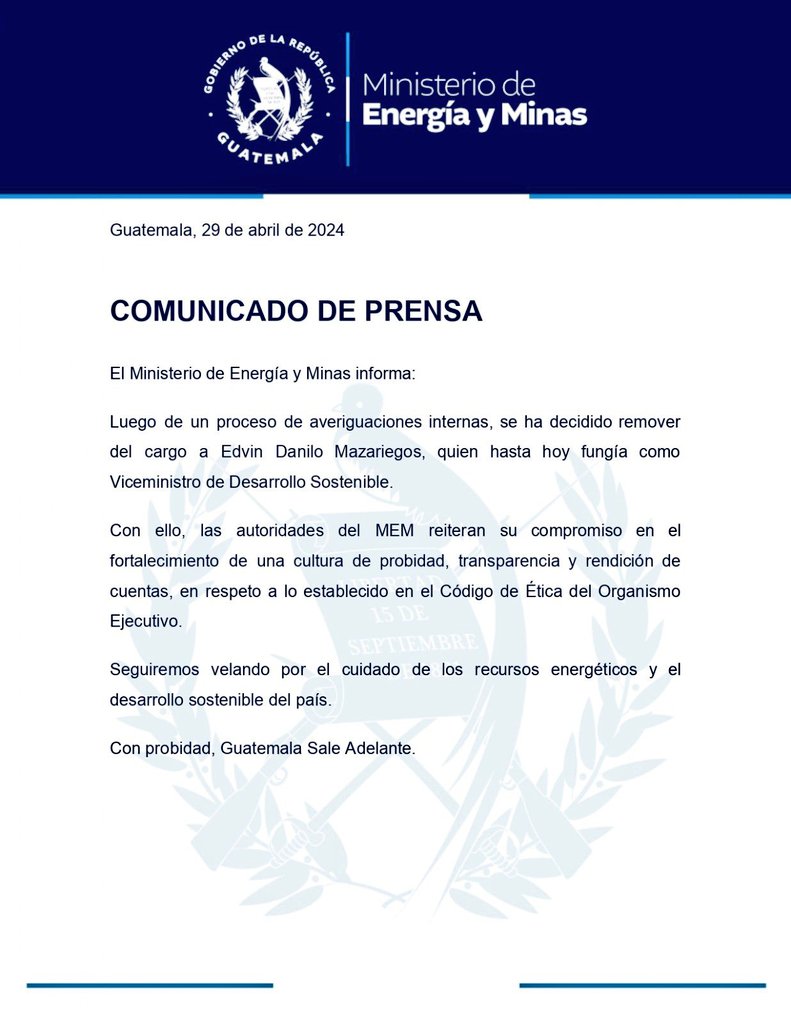 AHORA:

Destituyen a Edvin Danilo Mazariegos del cargo de viceministro de desarrollo sostenible, del Ministerio de Energía y Minas.