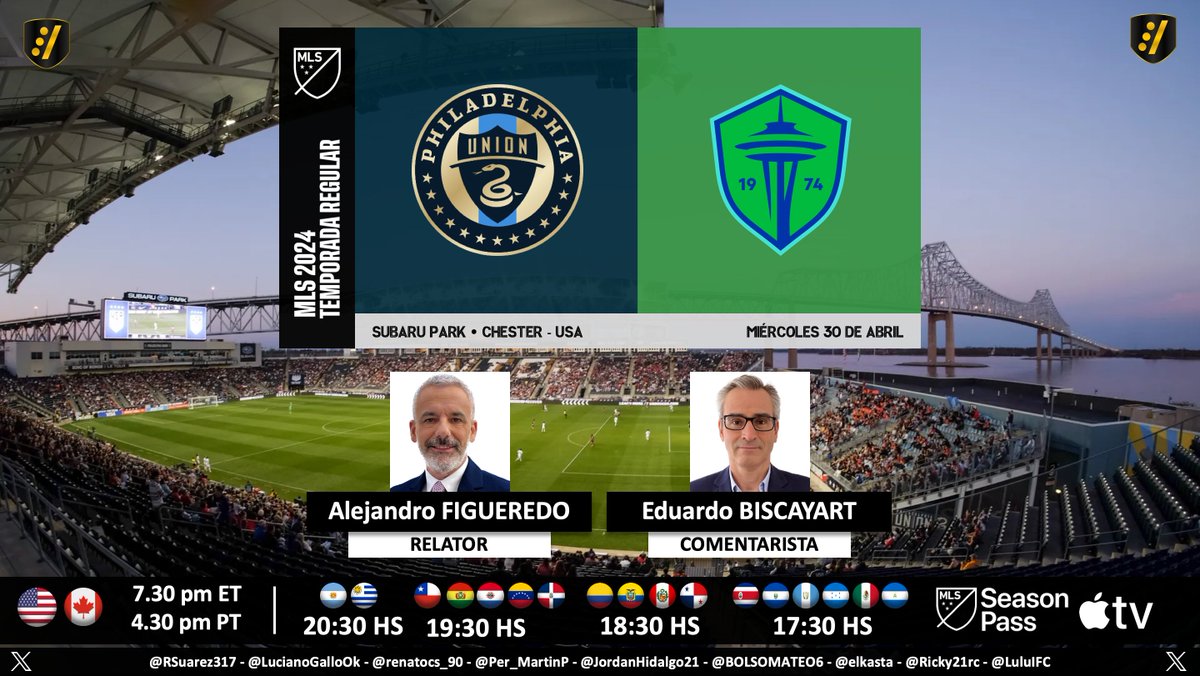 ⚽ #MLS 🇺🇸 | #PhiladelphiaUnion vs. #SeattleSounders 🎙 Relator: @afigue2010 🎙 Comentarista: @DonBisca 💻📱 MLS Season Pass en @AppleTV 🤳 #MLSSeasonPass - #PHIvSEA Dale RT 🔃