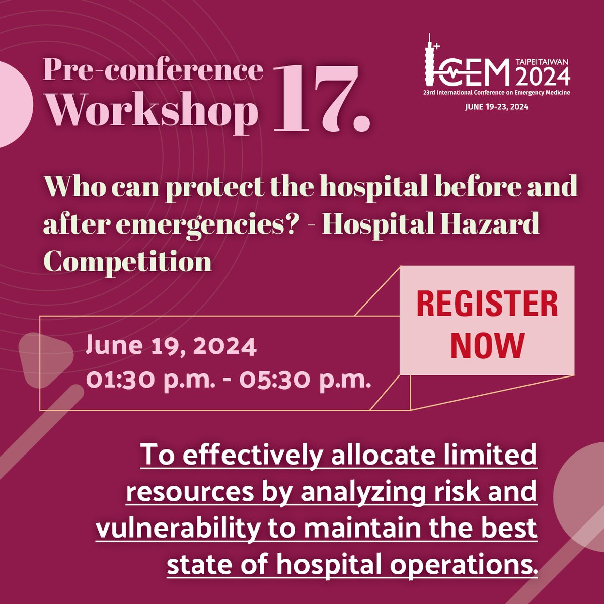 Calling all emergency medicine professionals! Elevate your skills with our preconference workshops designed to sharpen your clinical expertise and enhance patient care. Learn more and register: icem2024.com/pre-conference