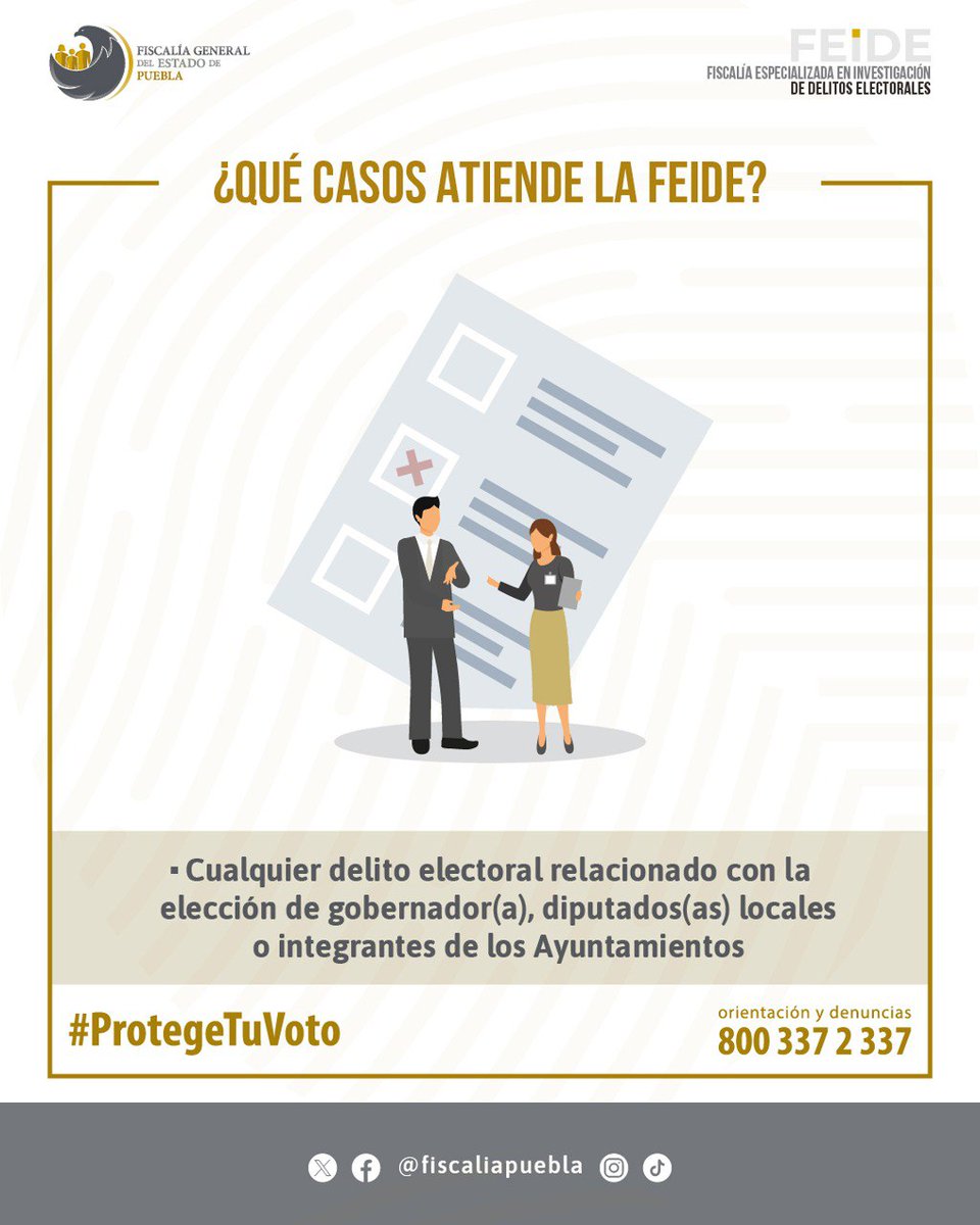 ¿Sabías que en #Puebla contamos con una Fiscalía Especializada en Investigación de Delitos Electorales? #ProtegeTuVoto 🗳️ y denuncia en línea, quioscos, Agencias del Ministerio Público o llamando al 800 337 2 337.