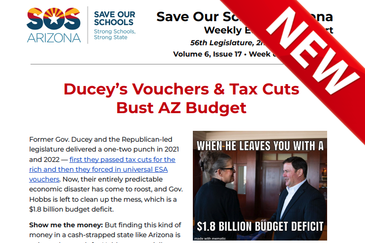 💥 ICYMI: Thanks to former Gov. Ducey’s universal #vouchers & tax cuts for the rich, AZ is facing a massive budget deficit. Now, Gov. Hobbs is forced to deal with the aftermath. 

🔎 Find the latest on the #AZLeg's budget struggles in the #WeeklyEdReport @ l8r.it/UEXG