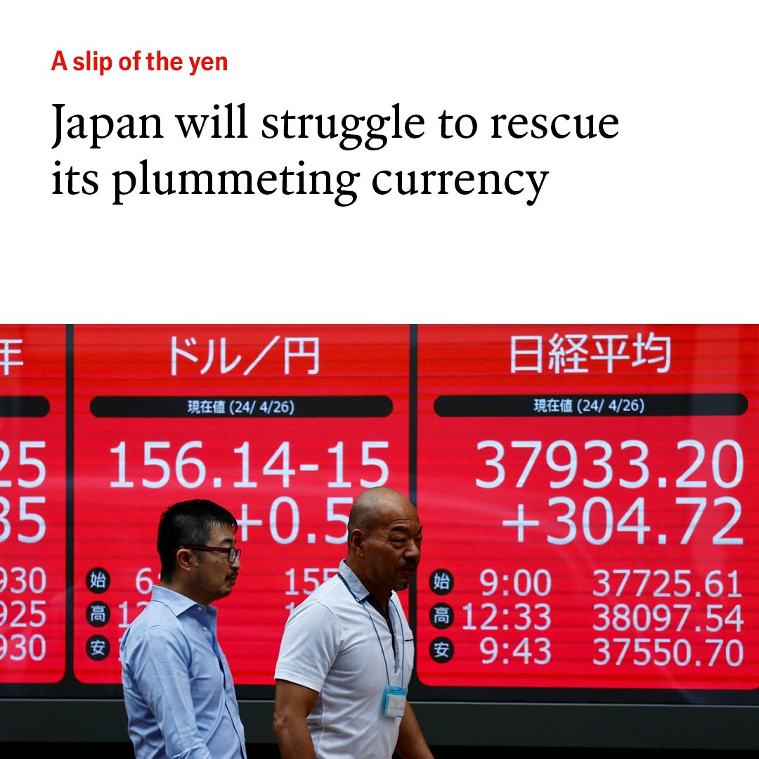 The Japanese yen is on a wild ride. The last time officials acted to prop up the currency, in 2022, they burned through over $60bn in foreign-exchange reserves. Currently there is little relief in sight: econ.st/3QpJoBI Photo: Reuters