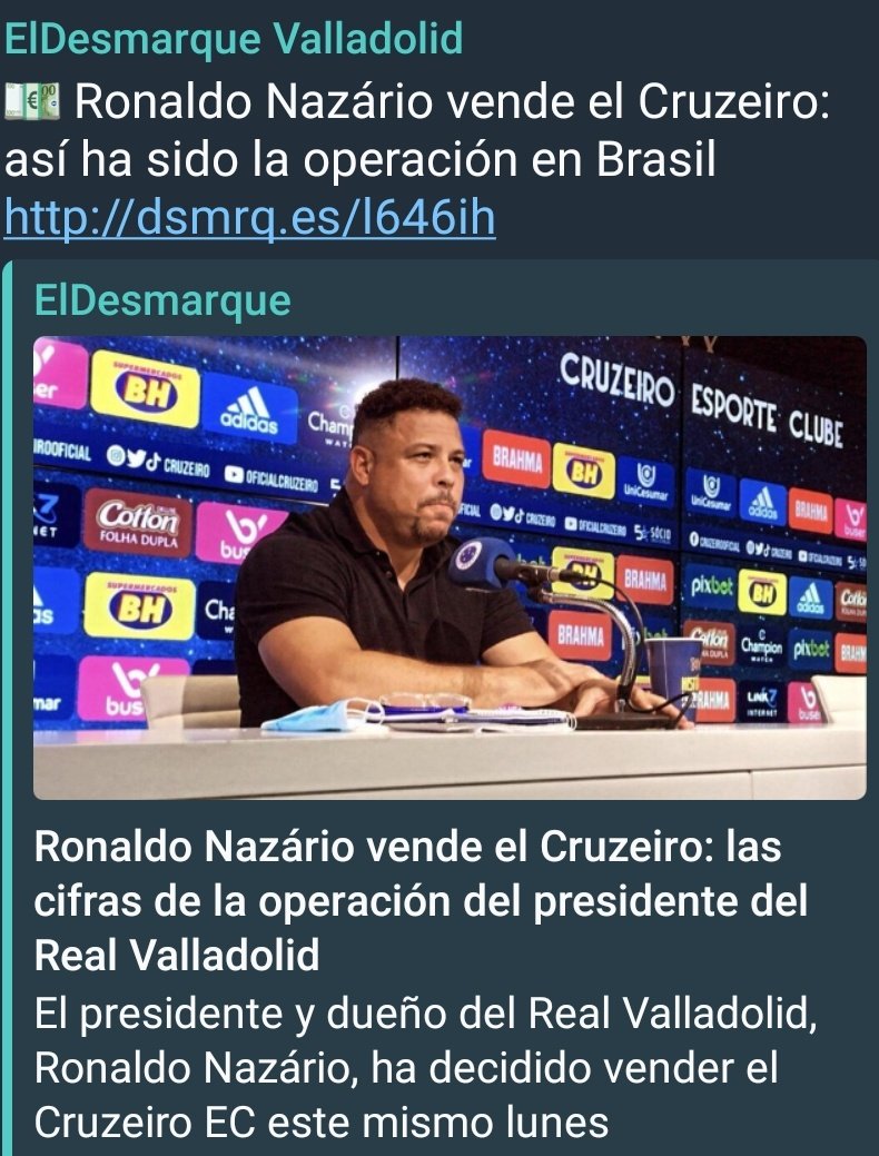 Ronaldo vende el Cruzeiro para con ese dinero pagarle a Florentino Pérez, después de las ayudas y presiones que este hiciera al @CTARFEF y @rfef para que el Valladolid ascienda la próxima temporada a @LaLiga
#Ronaldo #RealValladolid #LigaHypermotion #FlorentinoPerez #Corrupcion