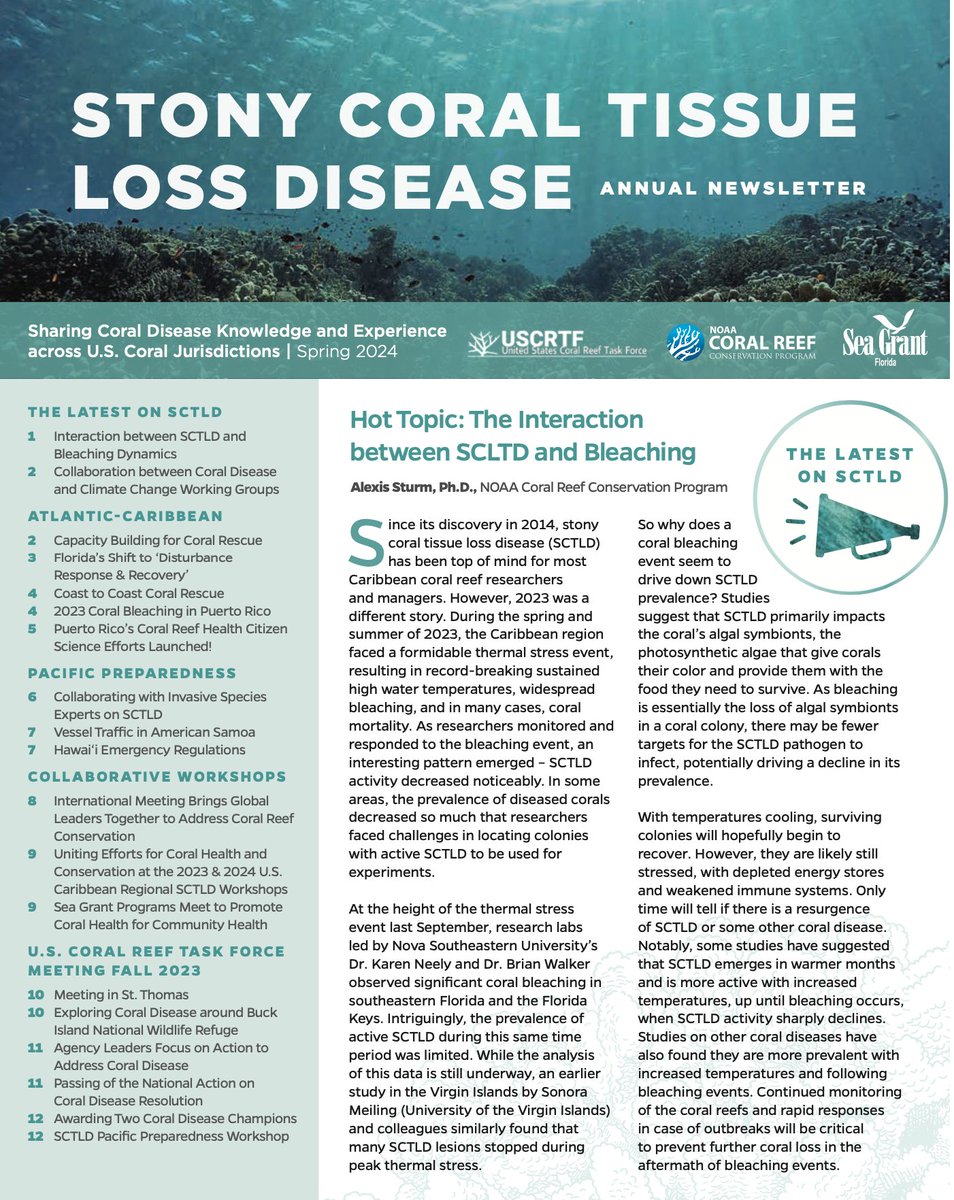 The Stony Coral Tissue Loss Disease Spring 2024 Newsletter is now available! It highlights major updates, innovations, and accomplishments in coral disease response, prevention, and preparedness efforts. Read the full newsletter here: bit.ly/3xVEjL7