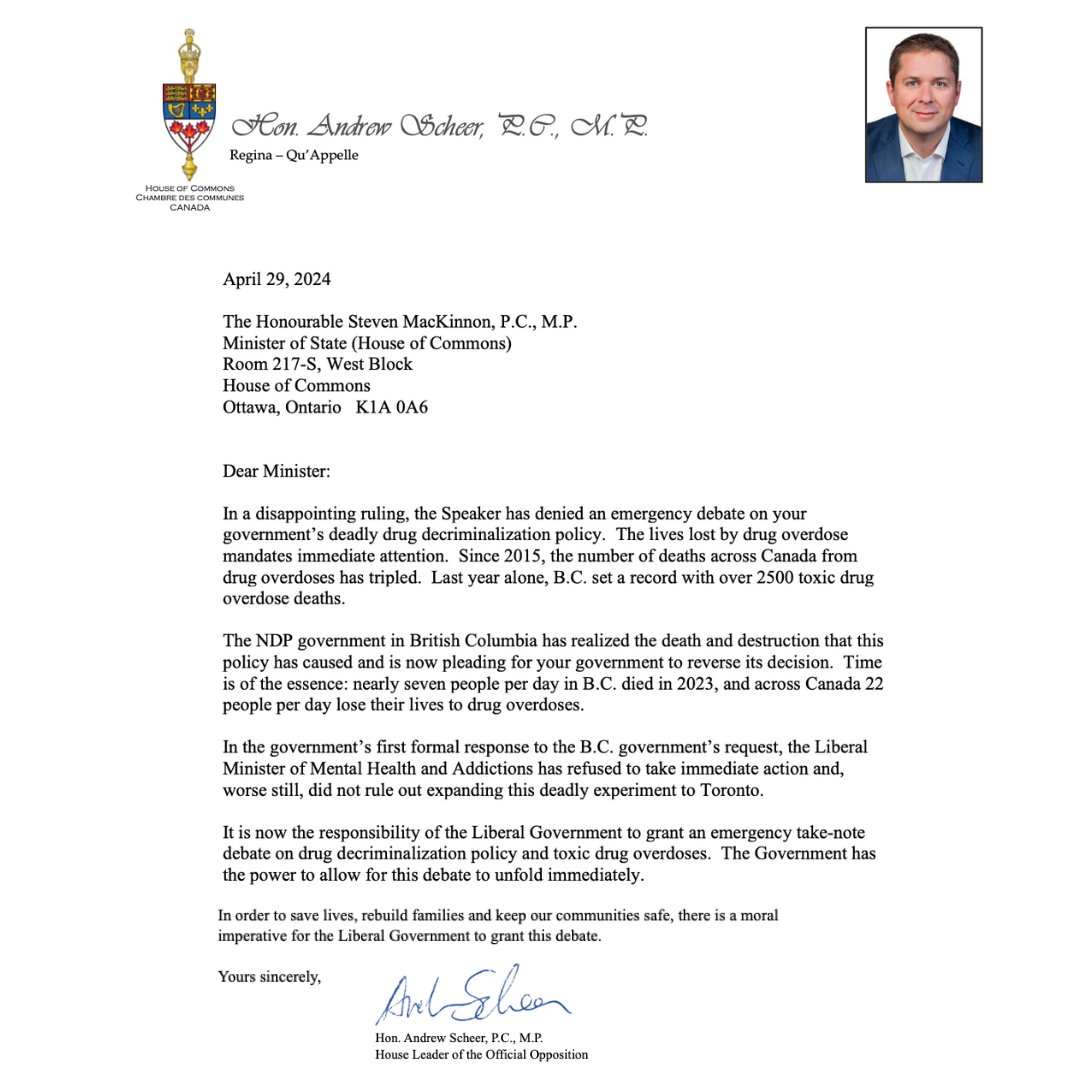 BREAKING NEWS Speaker denied an emergency debate on Trudeau’s deadly drug decriminalization policy. But the Liberal Government has the power and moral duty to grant this debate. They could do it today. 22 Cdns die per day to toxic drug overdose. Time is of the essence.