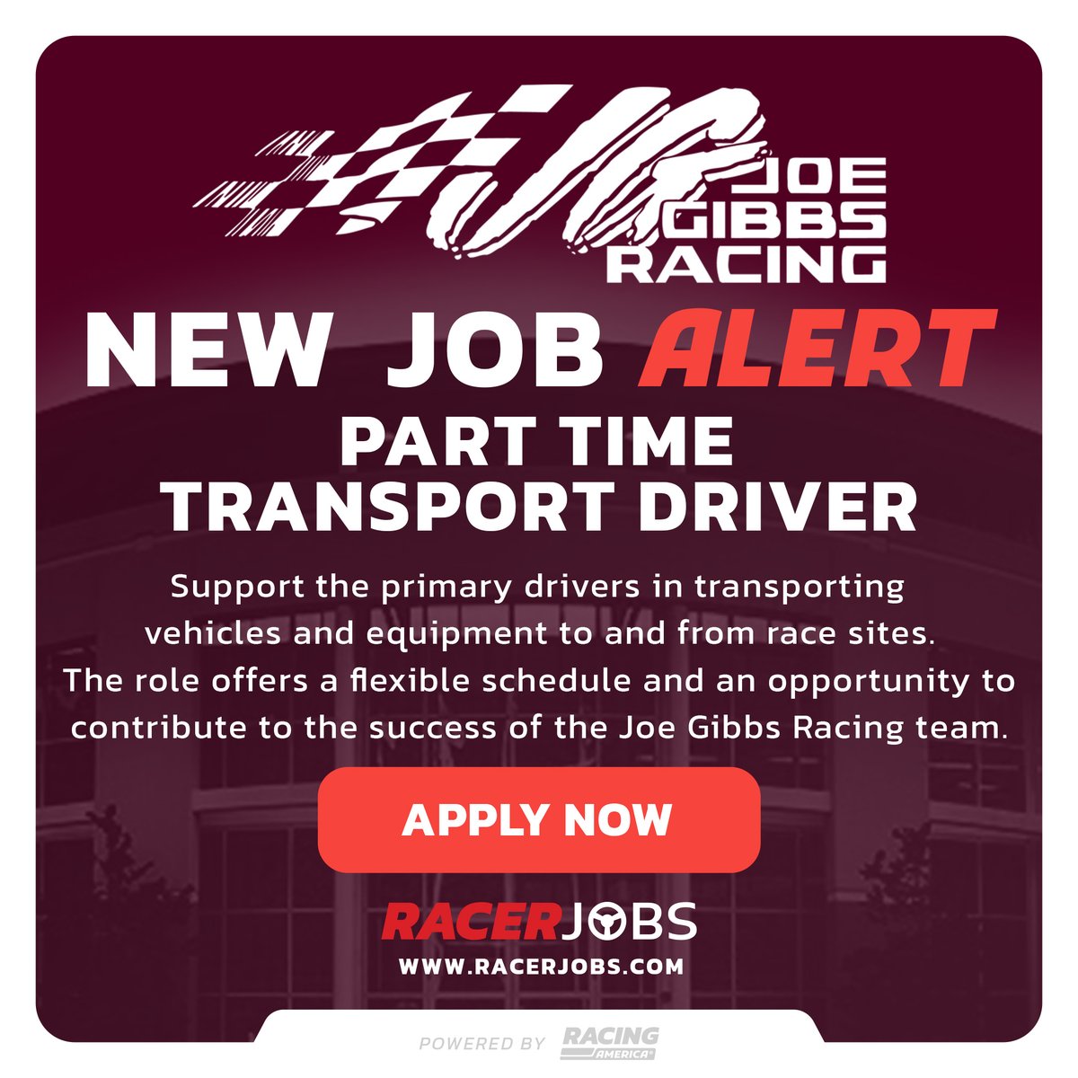 Do you have truck driving experience and want to hit the road with Joe Gibbs Racing? We have an immediate need for a part-time Transport Driver. Apply here: racerjobs.com/jobs/319842862…