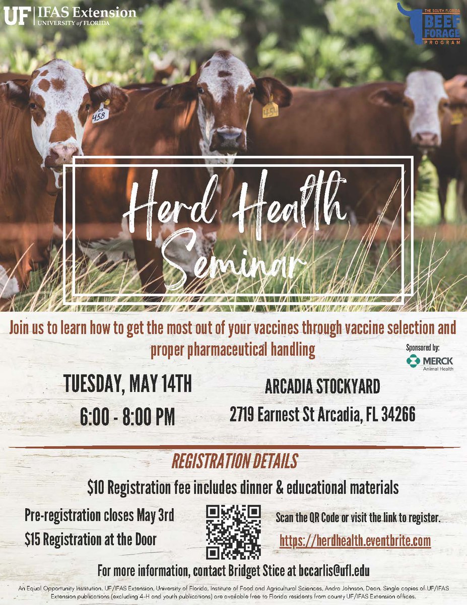 Herd Health Seminar, hosted by the SFBFP, to be held on May 14 at the Arcadia Stockyard, 2719 Earnest Street, Arcadia. Register by 5/3 to attend, fee is $10. herdhealth.eventbrite.com
