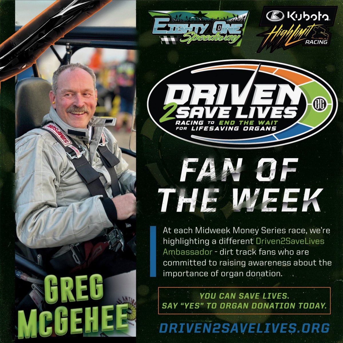 Meet Greg McGehee — this week’s @Driven2Save Fan of the Week: 'I joined Driven2SaveLives after being inspired by the story of Bryan’s heart donation on ESPN. I also signed up to be a donor at the Chili Bowl one year. I want to be an ambassador to spread the word about donation…