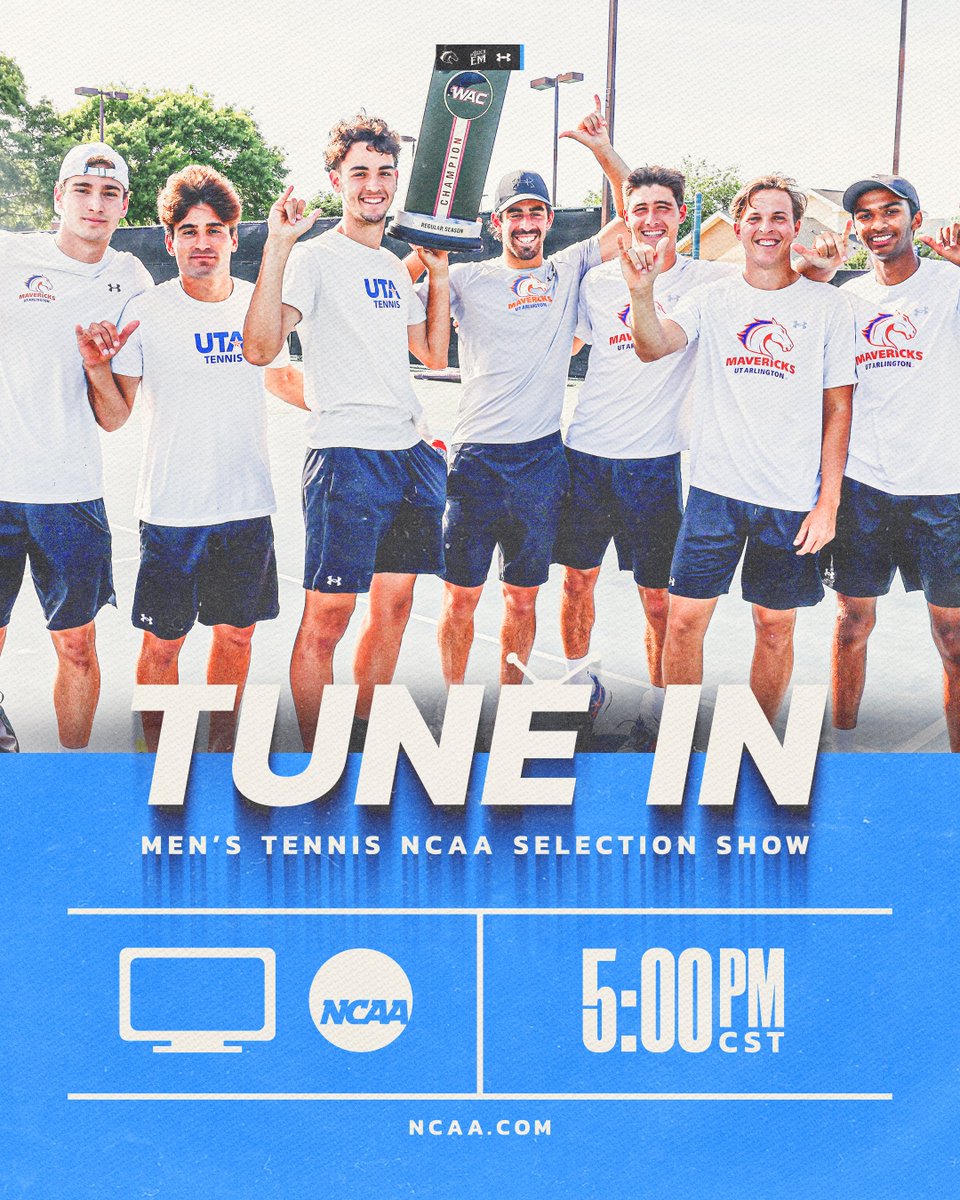 Tune in tonight to watch the @NCAA Men's Tennis Selection Show at 5 PM CT and support our student-athletes! Click to watch ⤵ 💻: utamavs.us/SelectionShowN… #BuckEm🐎 x @UTAMavsMTennis